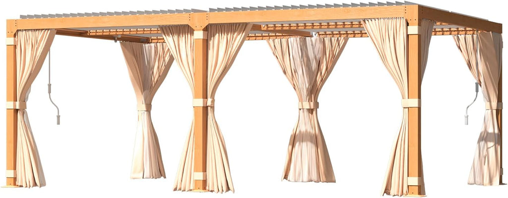 YOLENY Louvered Pergola 12x20, All Aluminum Pergola with Adjustable Rainproof Roof, Outdoor Pergola with Curtains and Nets for Patio & Garden, Woodgrain