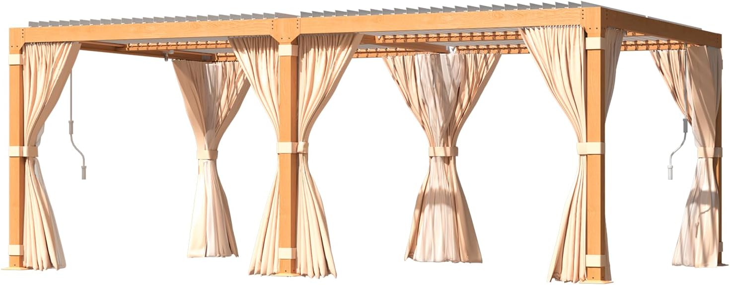 YOLENY Louvered Pergola 12x20, All Aluminum Pergola with Adjustable Rainproof Roof, Outdoor Pergola with Curtains and Nets for Patio & Garden, Woodgrain