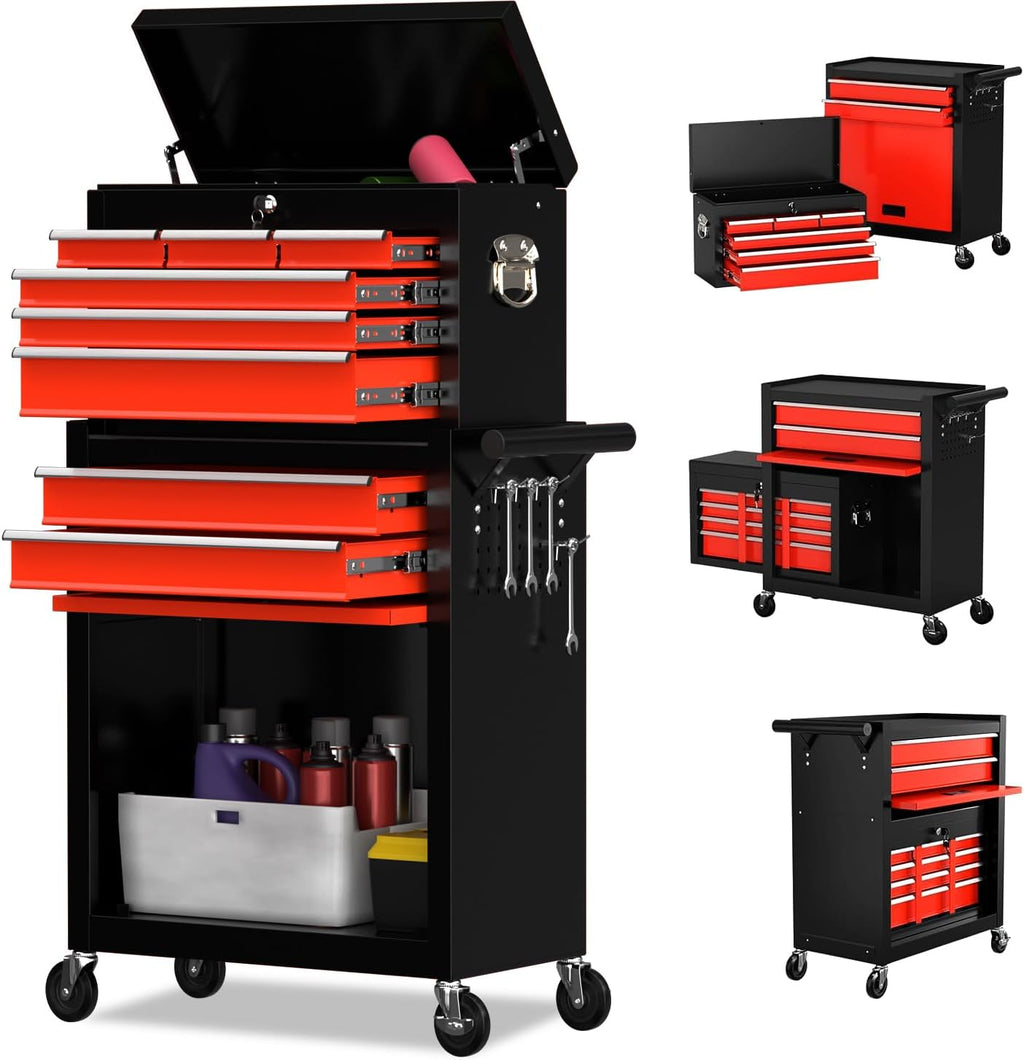 8-Drawer Rolling Tool Chest Tool Box,Removable Tool Storage Cabinet with 4 Wheels and Drawers,2 in 1 Portable Toolbox Organizer, Tool Chest with Lockable Drawer Gifts for Men (BlackRed)