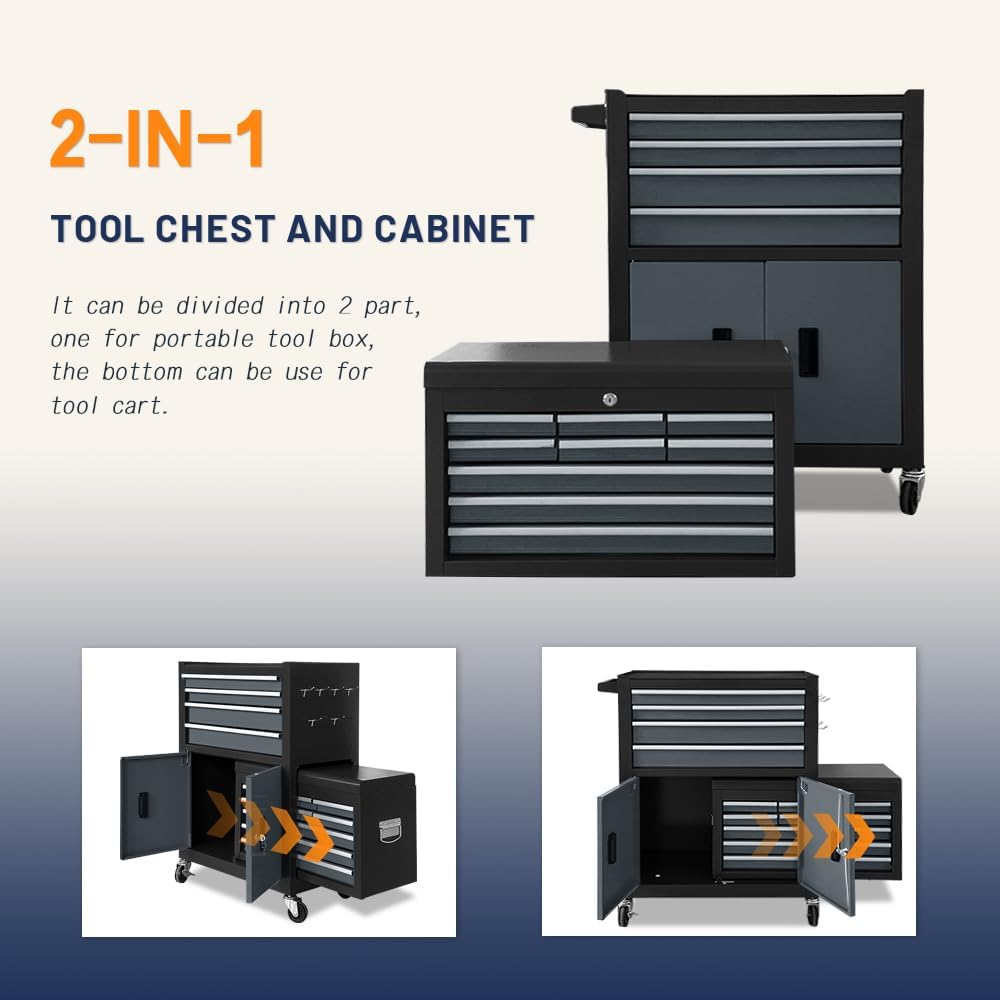 13-Drawer Double Door Rolling Tool Chest, 2 in 1 Detachable Tool Chest,Tool Box with Drawers and Wheels, Large Tool Cabinet with Lock, Metal Standing Toolbox for Garage Workshop-Black&Gray