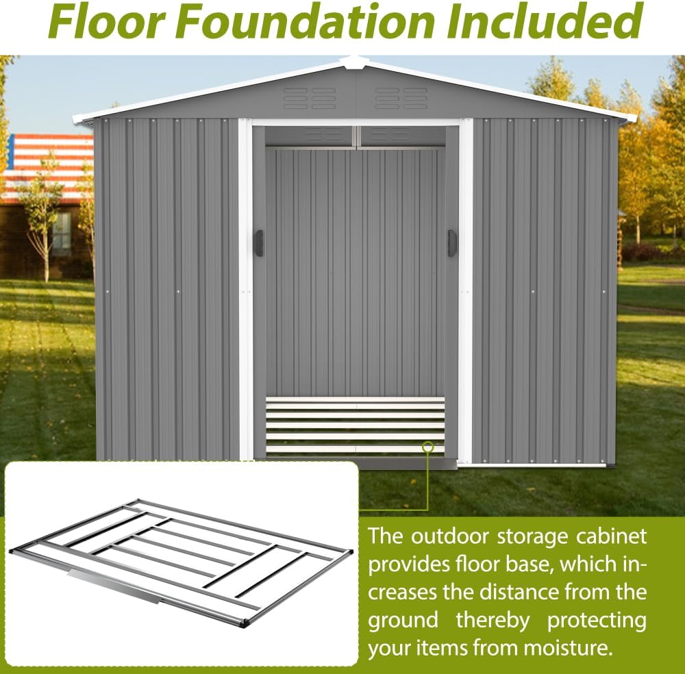 Large Outdoor Storage Shed 10x12 FT, Heavy-Duty Metal Garden Tool Organizer with Lockable Doors and Weather-Resistant Roof for Backyard (8x6 ft Grey with Floor Frame)