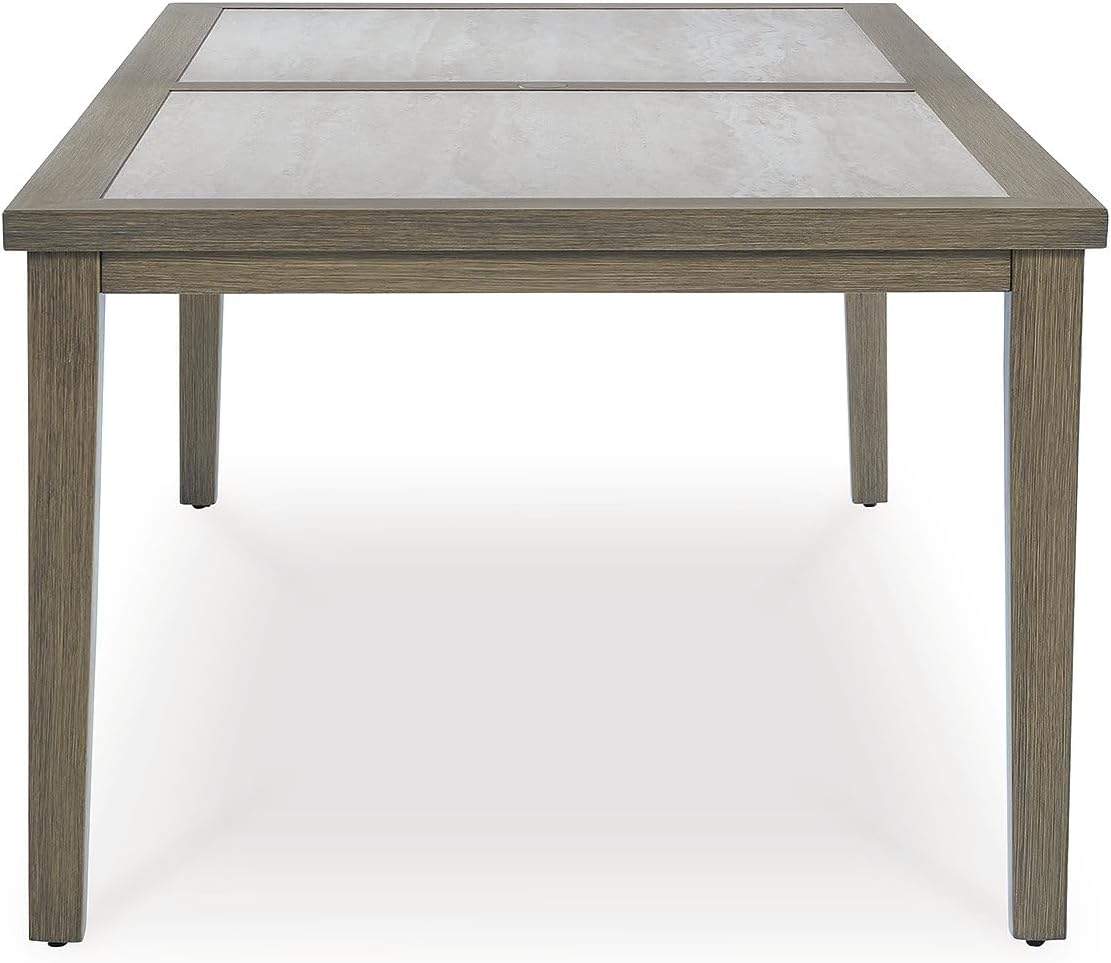 Signature Design by Ashley Rainier Ranch Contemporary Sintered Stone Tabletop Outdoor Dining Table with 4 Legs, Light Brown & Beige