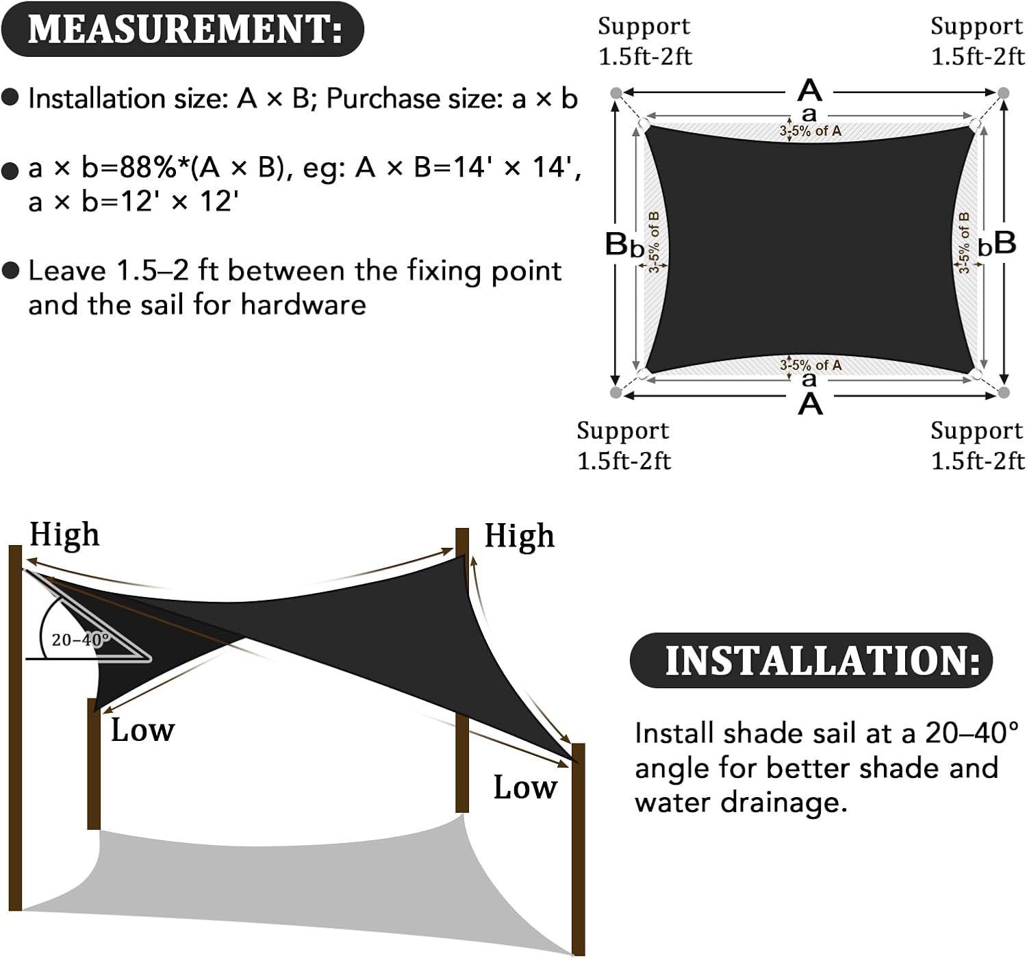 Shade&Beyond Custom 10'x15' Sun Shade Sail Canopy Rectangle UV Block Breathable Curved Sunshade for Backyard Yard Deck Outdoor Facility and Activities, Black (We Make Custom Size)