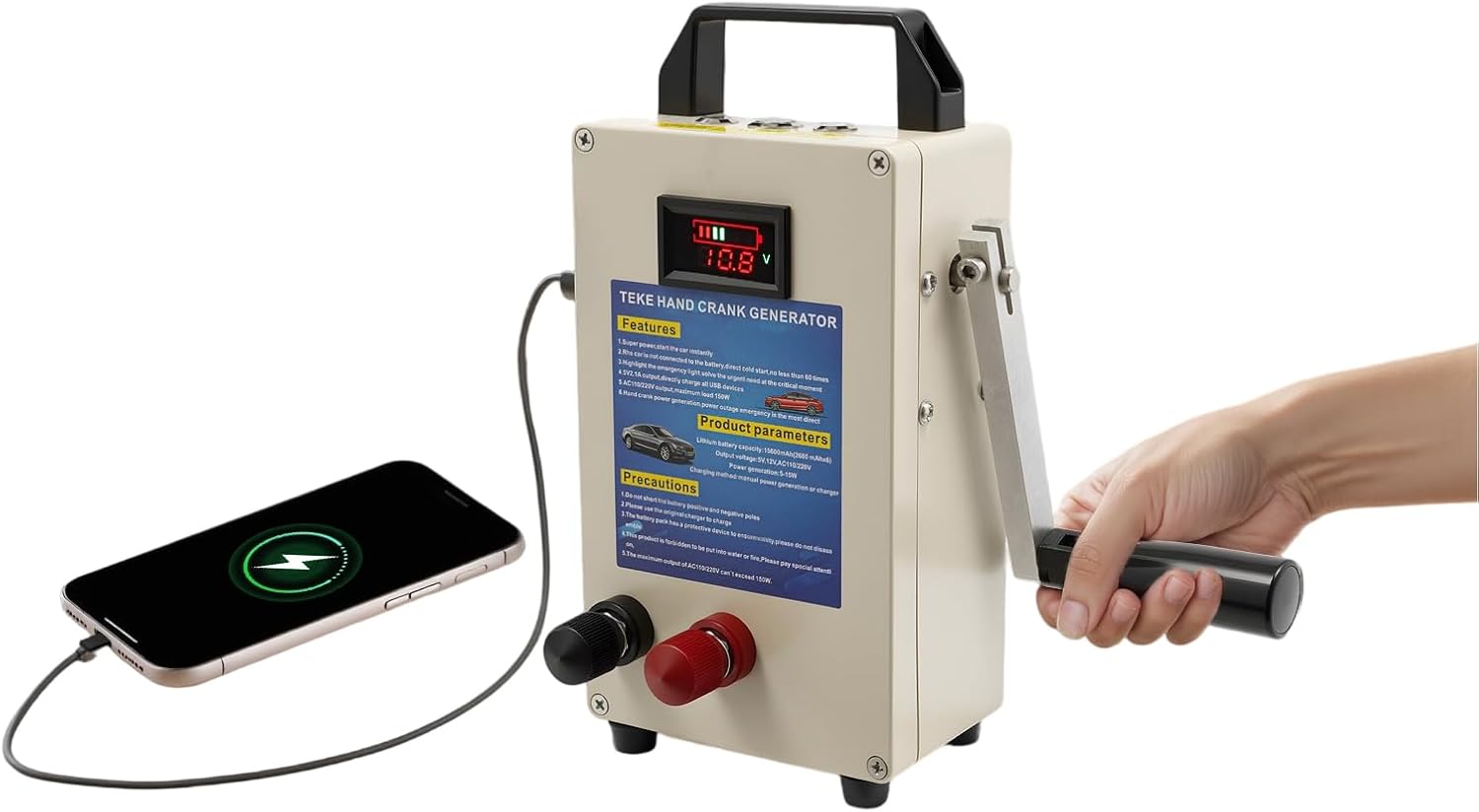 Hand Crank Generator, Power Station Emergency Manual Generator with Folding Handle, Portable Inverter Emergency Power Supply for Home Camping Outdoor Fast Smartphone Charger