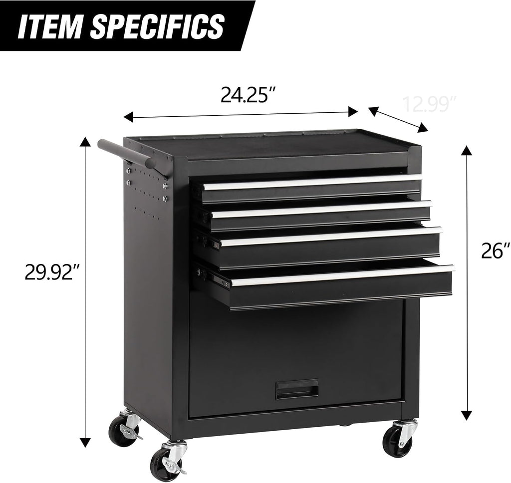4 Drawers Rolling Tool Chest Cart,Tool Storage Cabinet with 4 Wheels.Portable Tool Cabinet Trolley with Locking System and Drawer Liners.Tool Storage Cart for Garage,Workshop,Repair Shops