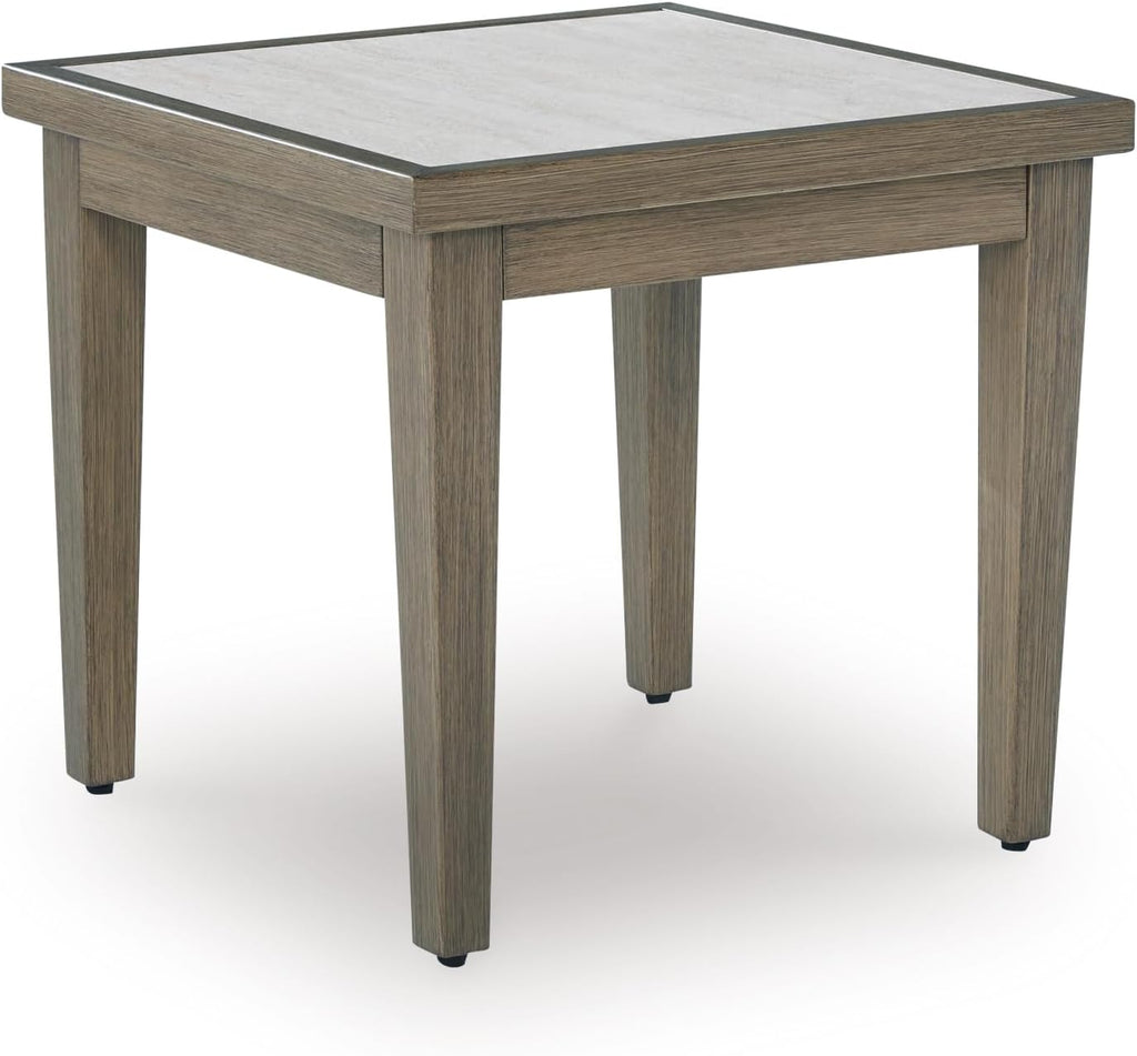 Signature Design by Ashley Rainier Ranch Contemporary Sintered Stone Tabletop Outdoor End Table with 4 Legs, Light Brown & Beige
