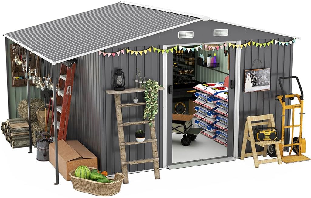 10×12 FT Extra-Large Outdoor Storage Shed with Firewood Bay, Waterproof Metal Garden Shed with Sliding Doors, Ramp, 4 Windows, Vents & Galvanized Steel Panels for Backyard, Lawn & Patio Tool Storage