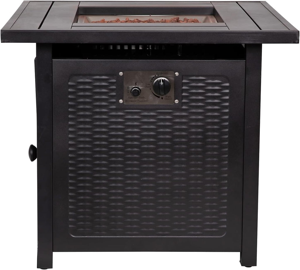 Flash Furniture Olympia 50,000 BTU Outdoor Propane Gas Fire Pit Table - Black Stainless Steel Tabletop and Steel Wicker Detail Base - 28' Square - Included Lava Rocks