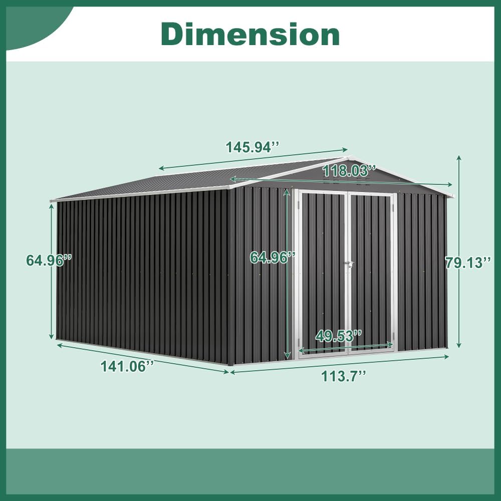 Large Outdoor Storage Shed 10x12 FT, Heavy-Duty Metal Garden Tool Organizer with Lockable Doors and Weather-Resistant Roof for Backyard (10x12 ft Grey)