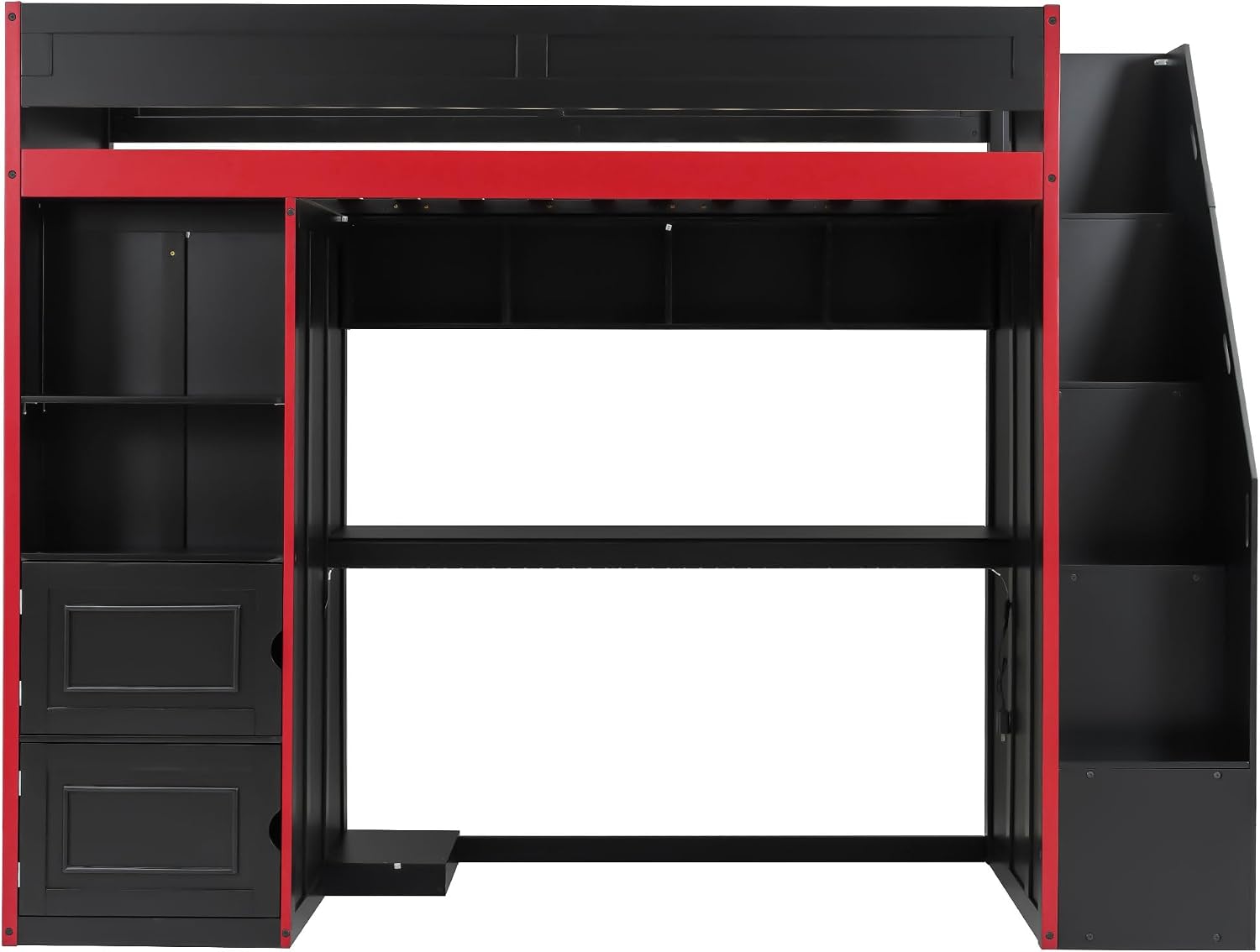 SOFTSEA Twin Size Gaming Loft Bed with Desk, Storage Stairs, LED Lights, Bookshelves & Wardrobe, Multifunctional Loft Bed for Kids Bedroom, No Box Spring Needed, Black Red