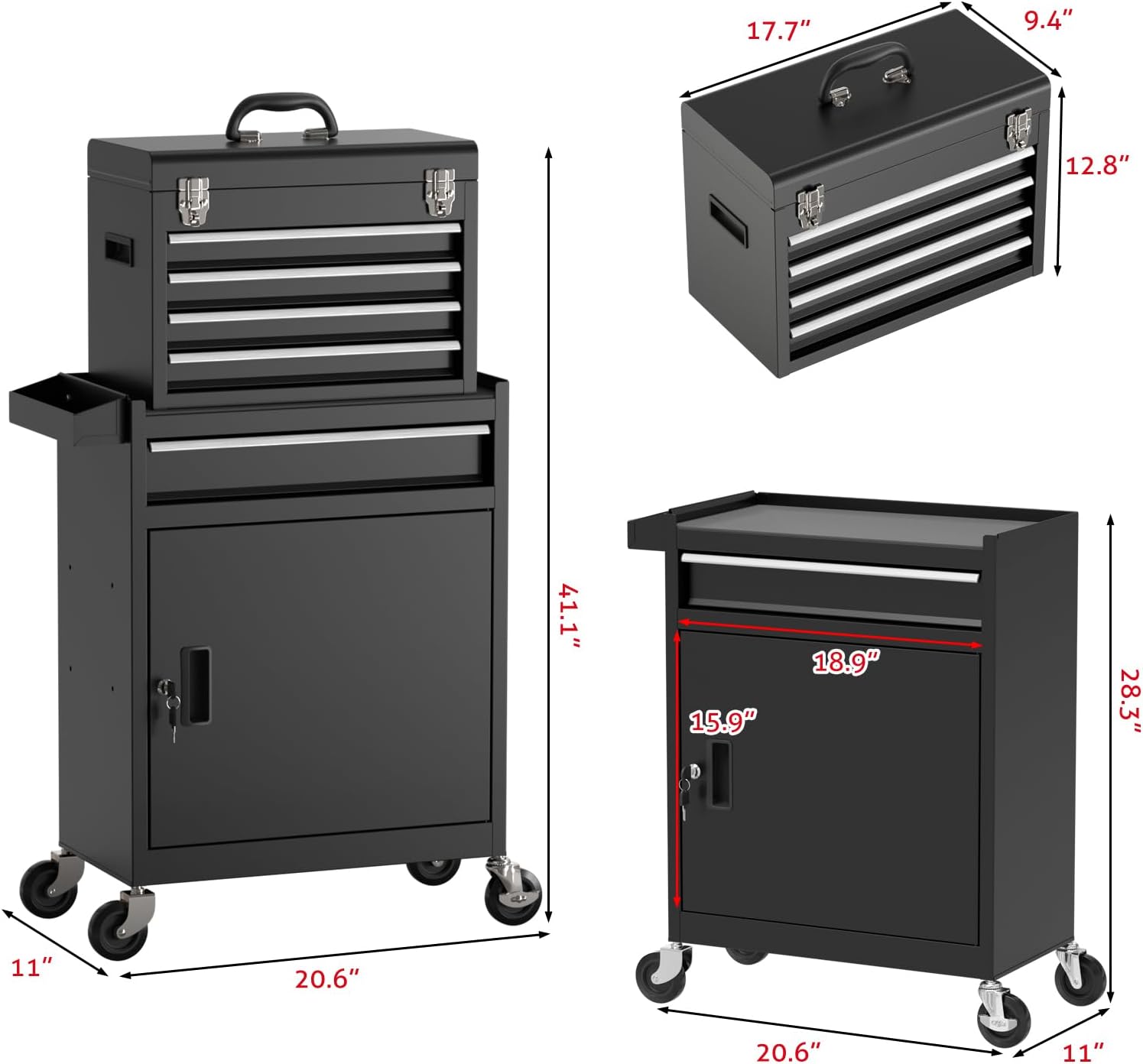 5-Drawer Tool Box with Wheels, Rolling Tool Storage Cabinet with Detachable Top Tool Chest and Locking Mechanism, Metal Tool Cart for Garage Workshop and Room Use (Black)