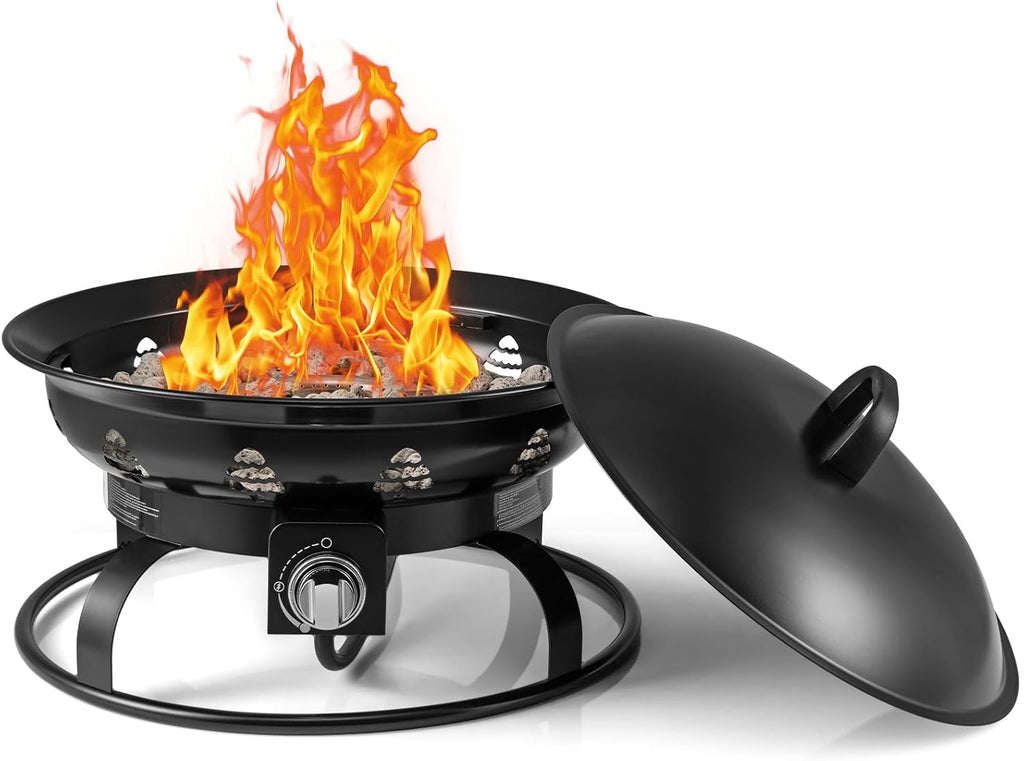 Tangkula Propane Fire Pit, 21 Inch Diameter Patio Portable Fire Bowl with Cover, Igniter & Tank Base Holder, 58,000 BTU Outdoor Gas Firepit with Lava Rock for Camping, Patio