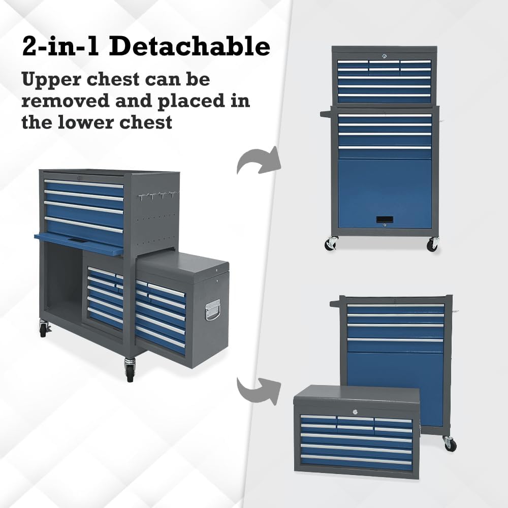 Kirmoasl 13-Drawer Rolling Tool Chest, Large Tool Chest with Wheels, 2 in 1 Detachable Tool Chests, Portable Tool Storage, Locking Mechanic Tool Box for Warehouse, Garage, Gray & Blue