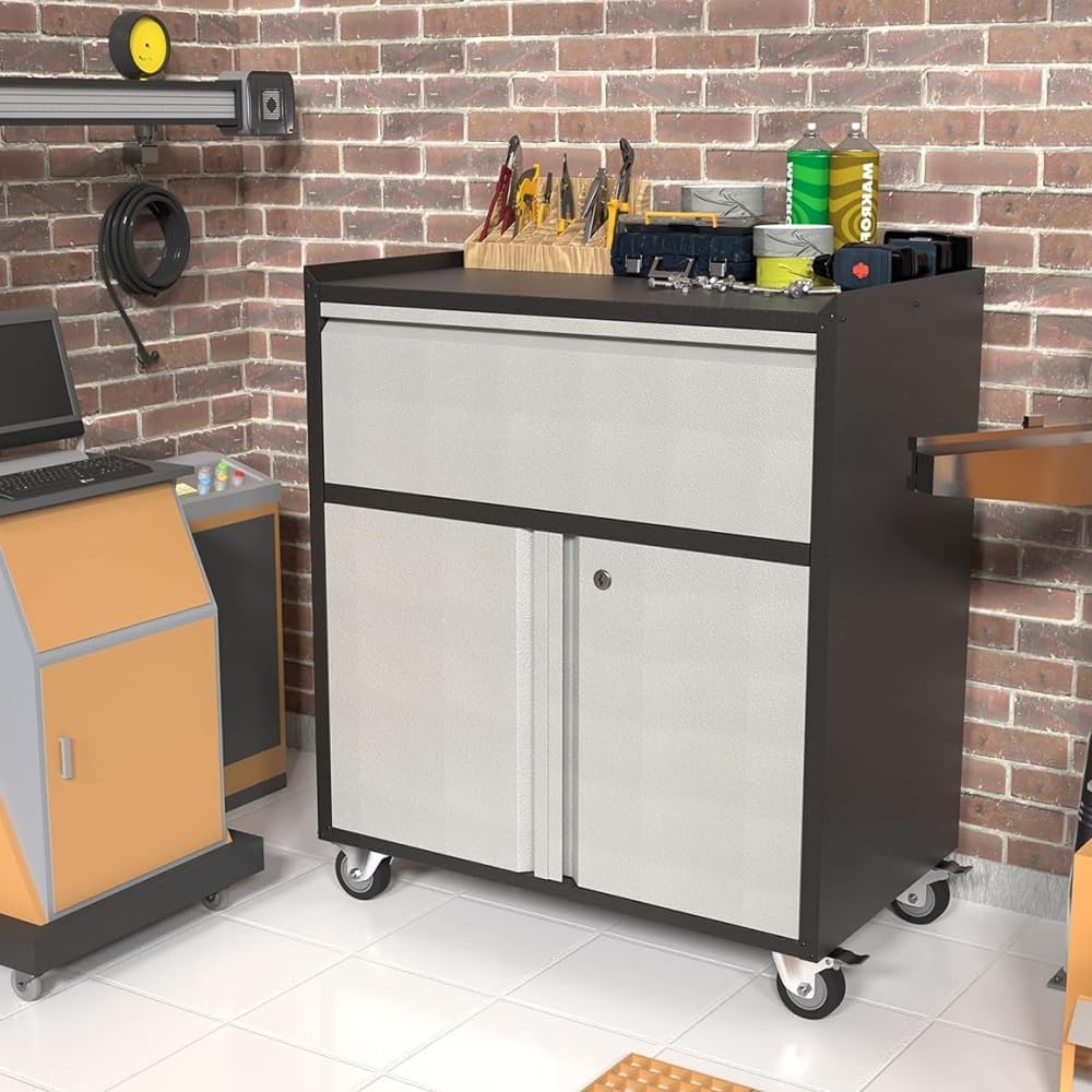 Rolling Garage Storage Cabinet with Door and Drawer, Lockable Metal Tool Cabinet on Wheels for Garage, Home, Office, Black & Gray, Assembly Required, (18.11' D x 30.31' W x 35.43' H)