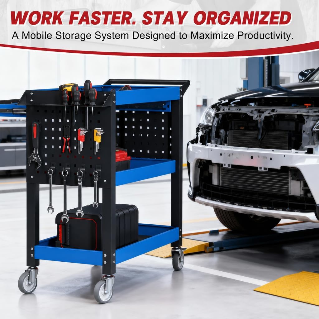 3 Tier Tool Cart on Wheels, Heavy Duty Metal Rolling with Drawers and Pegboards, 660 LBS Load Capacity Tool Storage Cart, Industrial Utility for Garage, Warehouse, Workshop, Blue Black