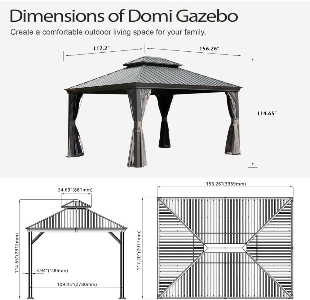Outdoor Gazebo 10x13ft Hardtop with Double Roof, Metal Gazebo for Patio Water-Resistant Steel Frame, Includes Curtains & Netting, Modern Gray for Backyard Deck Garden
