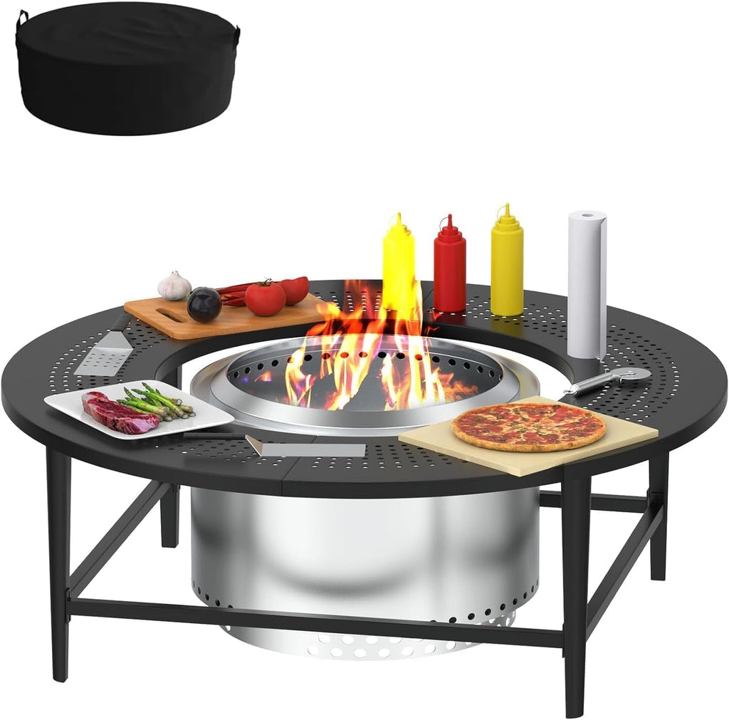 Fire Pit Surround Tabletop for Solo Stove Yukon/Bonfire/Tiki Accessories, Smokeless Fire Pit Table & Dust Cover for Solo Stove and Other Wood Burning, Powder-Coated Steel Stove Table Surround,45 Inch