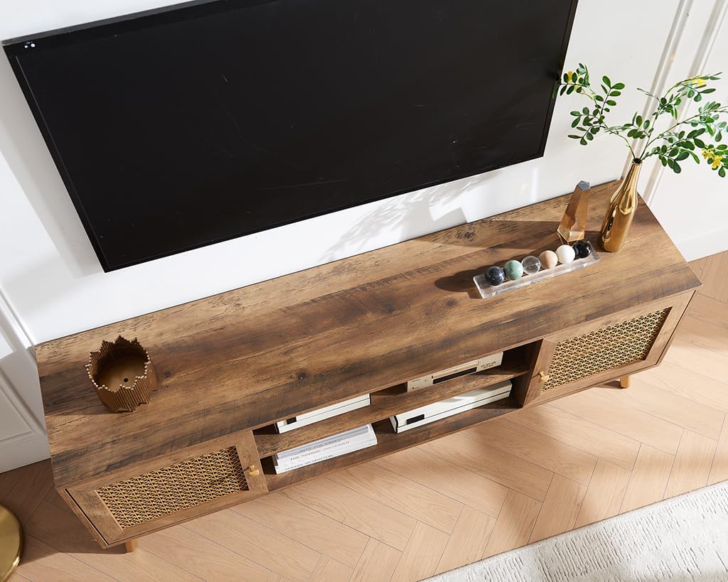 66 Inch TV Stand for 70 Inch TVs, Mid Century Modern Media Console, Long Entertainment Center with Storage Cabinet, Oak Wood Grain Finish for Rustic & Farmhoue Living Room Decor