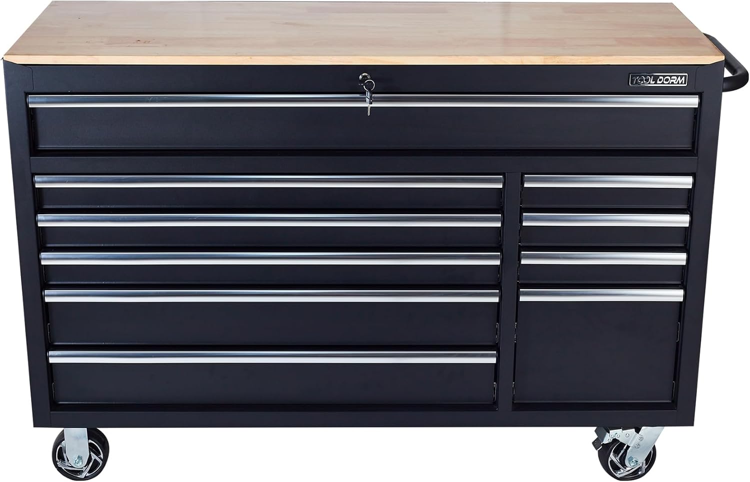 Rolling Large Tool Chest 56-Inch 10 Drawers, Big Tool Chest with Drawers, Workbench with Wooden Top and Power Strip, Rolling Toolbox with Drawers and Locking System, Black
