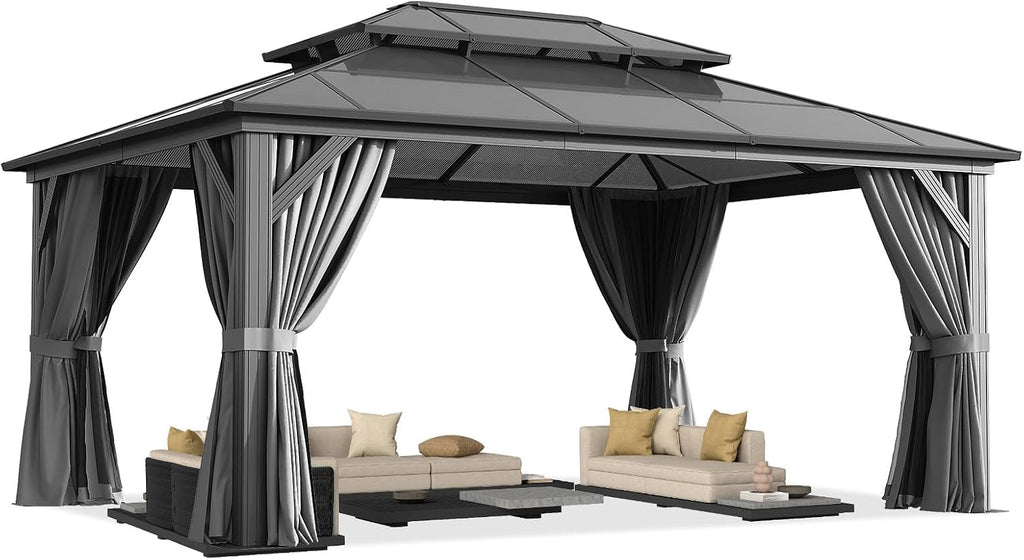 12' x 16' Double Roof Gazebo with Dark Gray Polycarbonate Panels, Sturdy Aluminum Frame, Weather-Resistant Pavilion with Curtains for Outdoor Patio, Garden, and Backyard