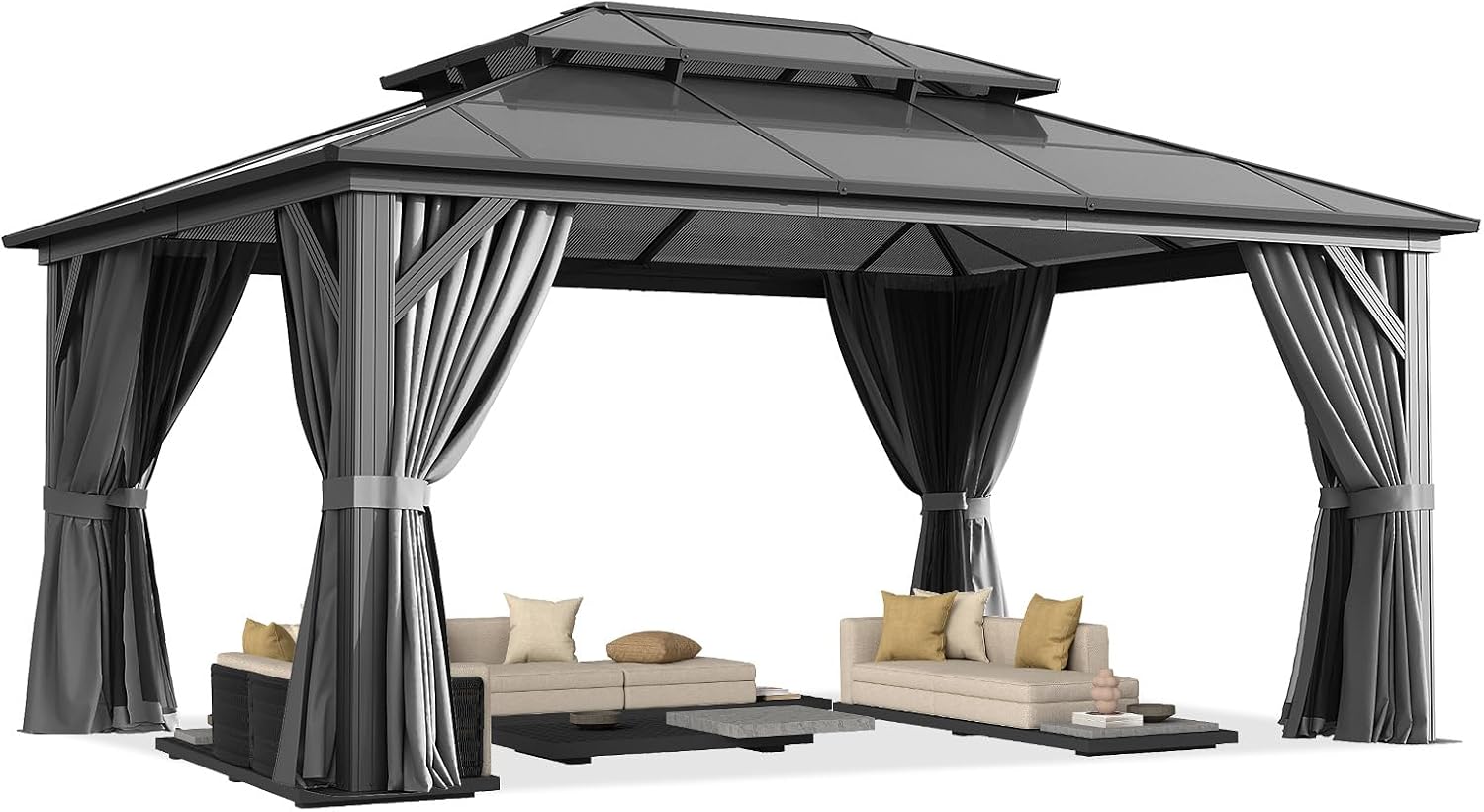 12' x 16' Double Roof Gazebo with Dark Gray Polycarbonate Panels, Sturdy Aluminum Frame, Weather-Resistant Pavilion with Curtains for Outdoor Patio, Garden, and Backyard