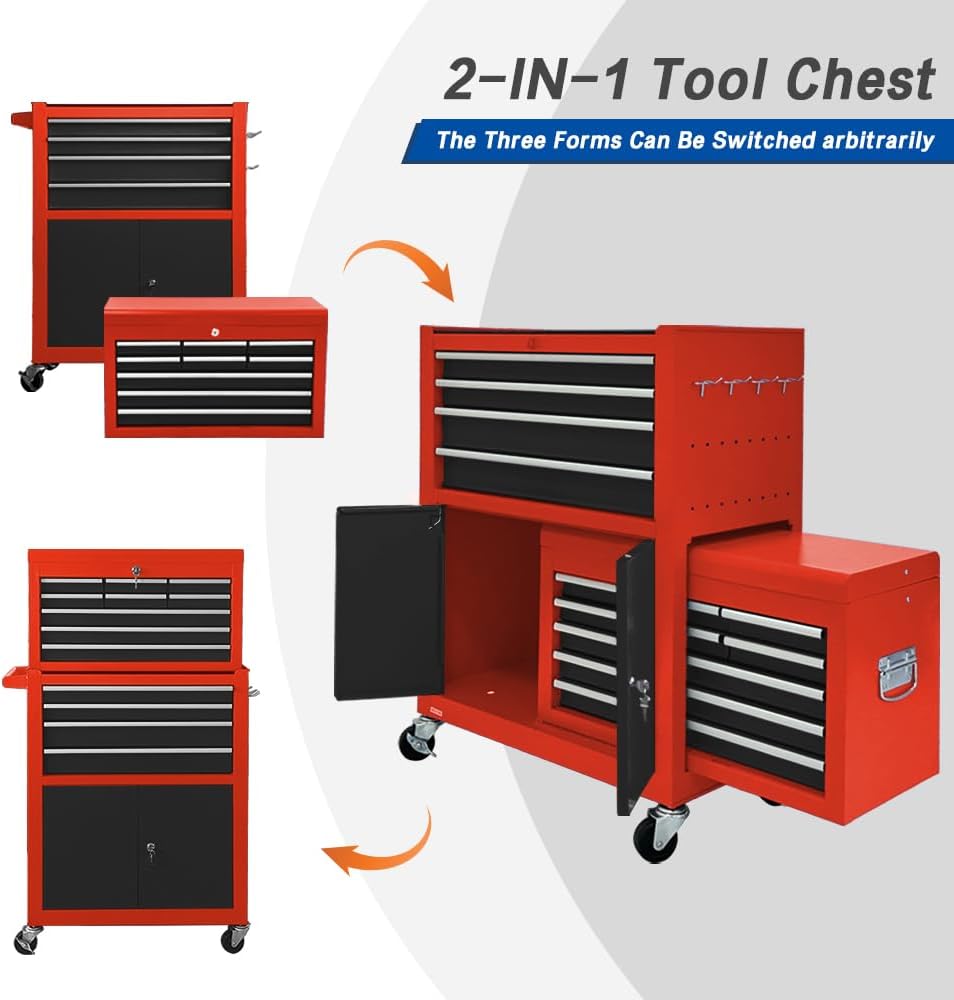 13 Drawers Tool Chest with Wheels, Rolling Tool Organizer with Drawers, Metal Tool Cabinet for Garage, Workshop(Red-Black)