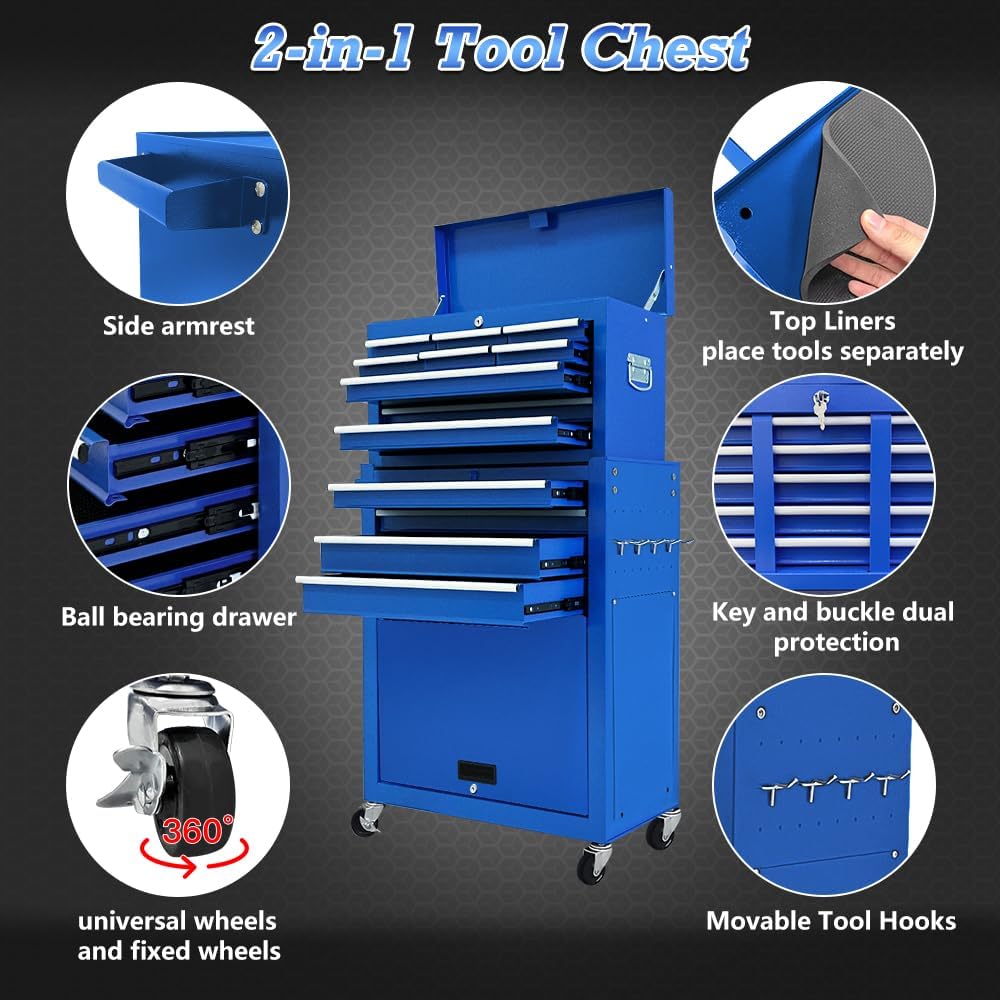 13 Drawer Tool Chest,Toolbox with Wheels, Rolling Tool Cabinets with Drawers, Top Detachable Tool Chest with Hooks Handles for Workshop Mechanical Garage - Blue