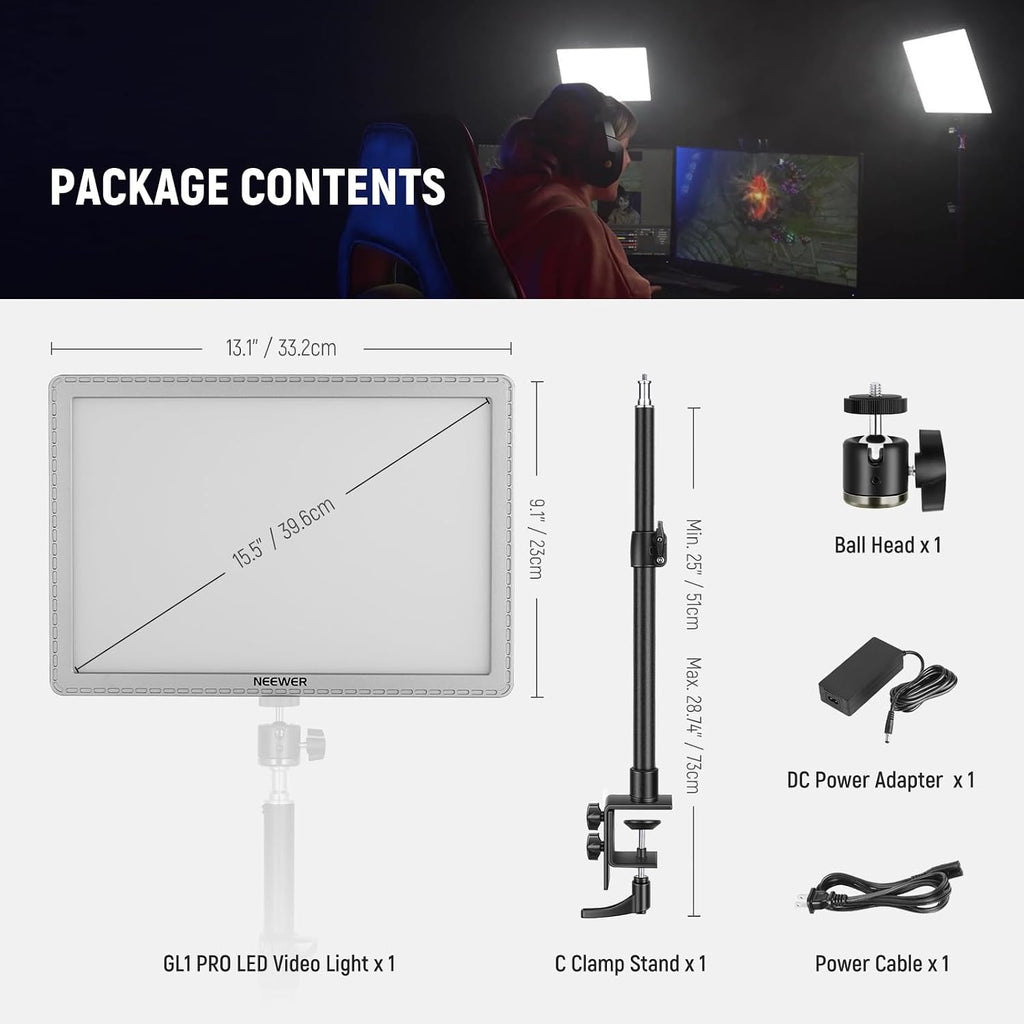 NEEWER GL1 PRO 15.5' Key Light Streaming Light, Video Light with 2.4G PC/Mac iOS/Android APP Control, 2800LM LED Panel Light with Desk Clamp Compatible with Elgato Stream Deck for Gaming Zoom, Silver