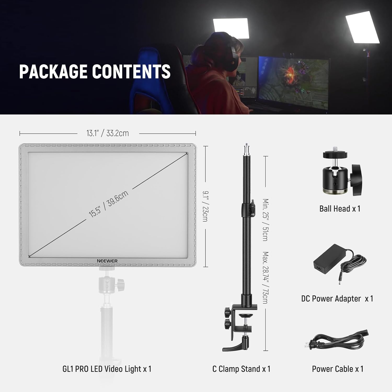 NEEWER GL1 PRO 15.5' Key Light Streaming Light, Video Light with 2.4G PC/Mac iOS/Android APP Control, 2800LM LED Panel Light with Desk Clamp Compatible with Elgato Stream Deck for Gaming Zoom, Silver