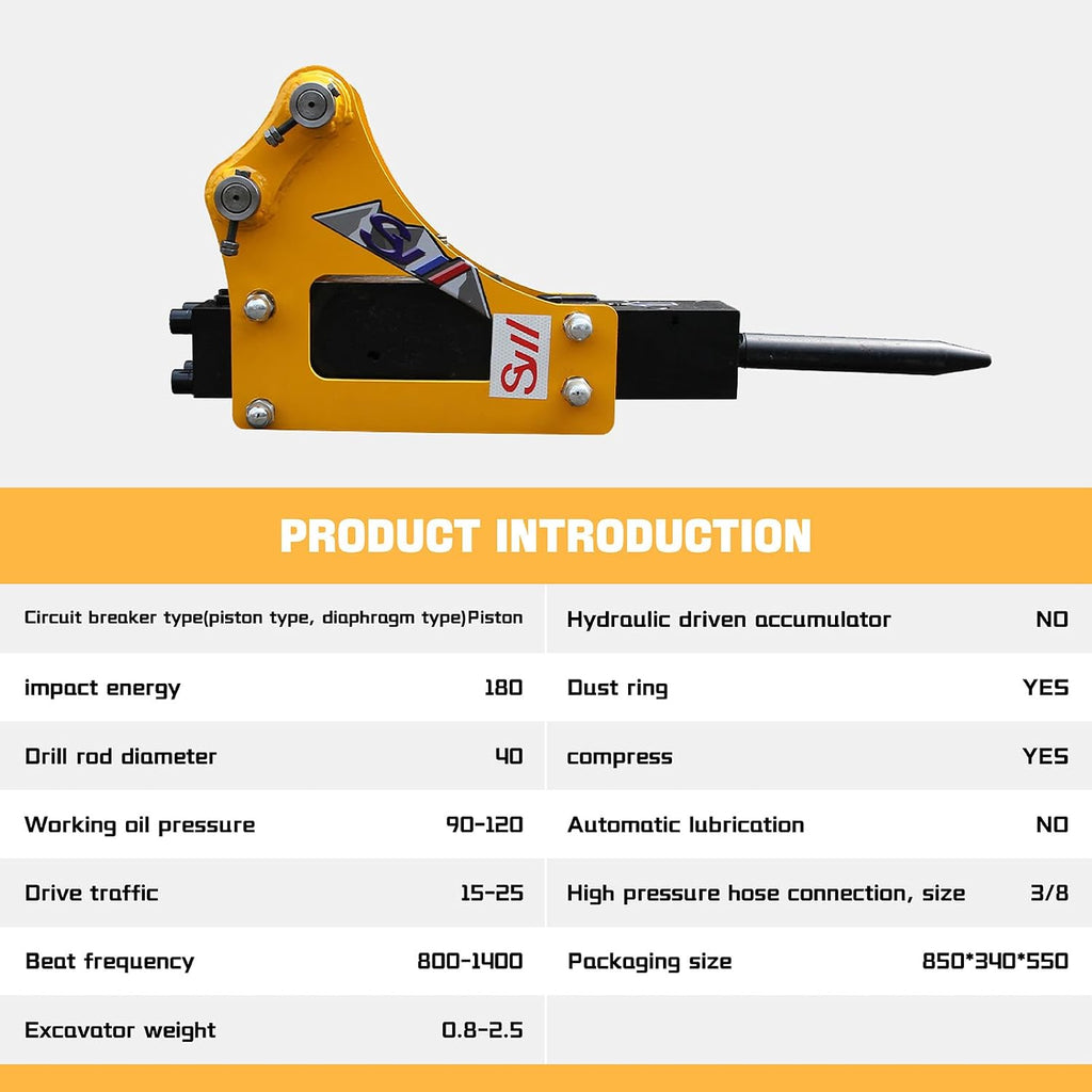 Hydraulic Breaker Hammer for 1 Ton Mini Excavator – Concrete Breaker Attachment with Nitrogen Toolbox, Drilling Tool for Small Diggers