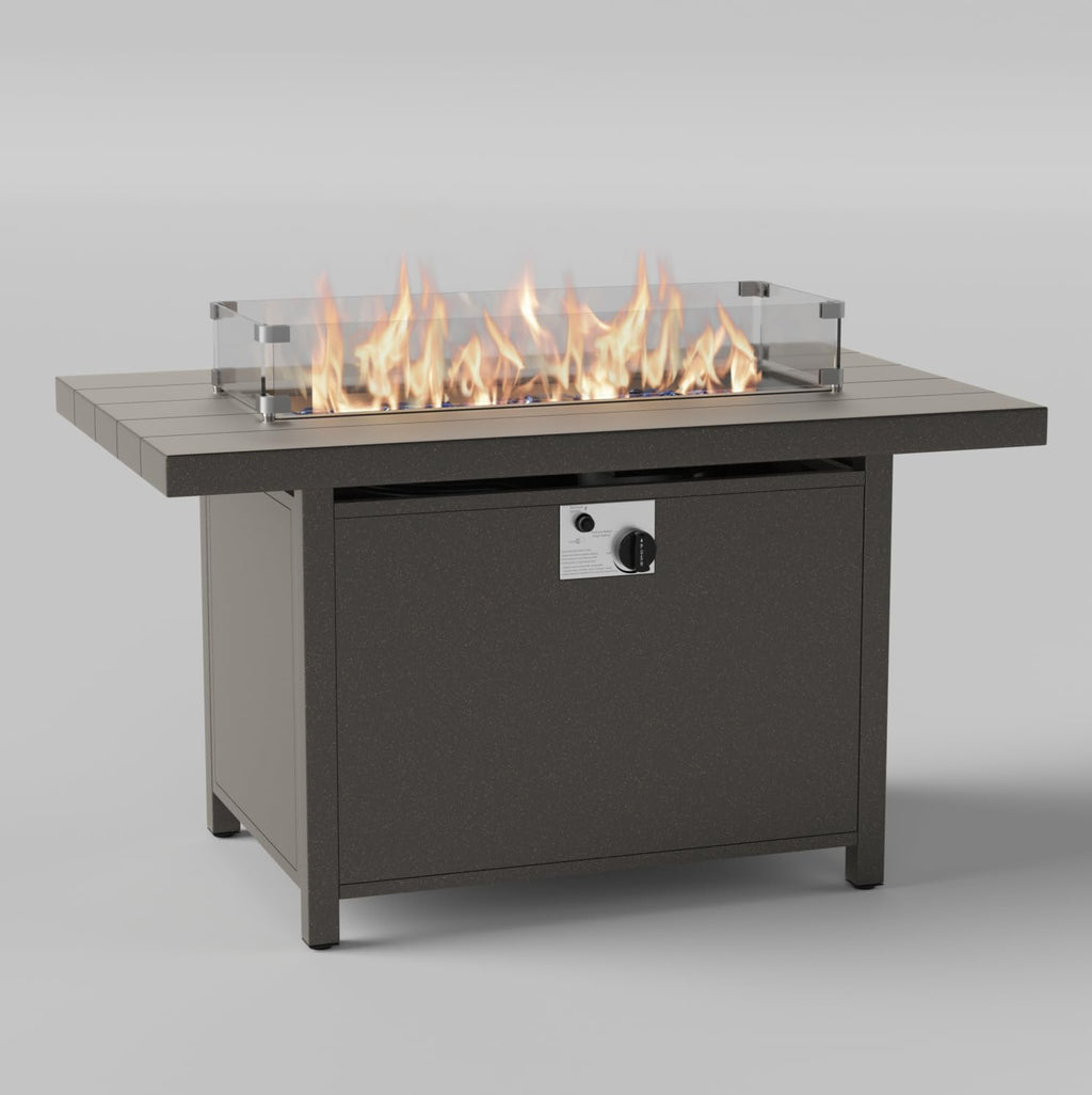 43' All Aluminum Outdoor Propane Gas Fire Pit Table with Rectangle Fire Pit Lid,55000 BTU Auto-Ignition Table Fire Pit w/Glass Wind Guard, Glass Rock for Outdoor,ETL Certified
