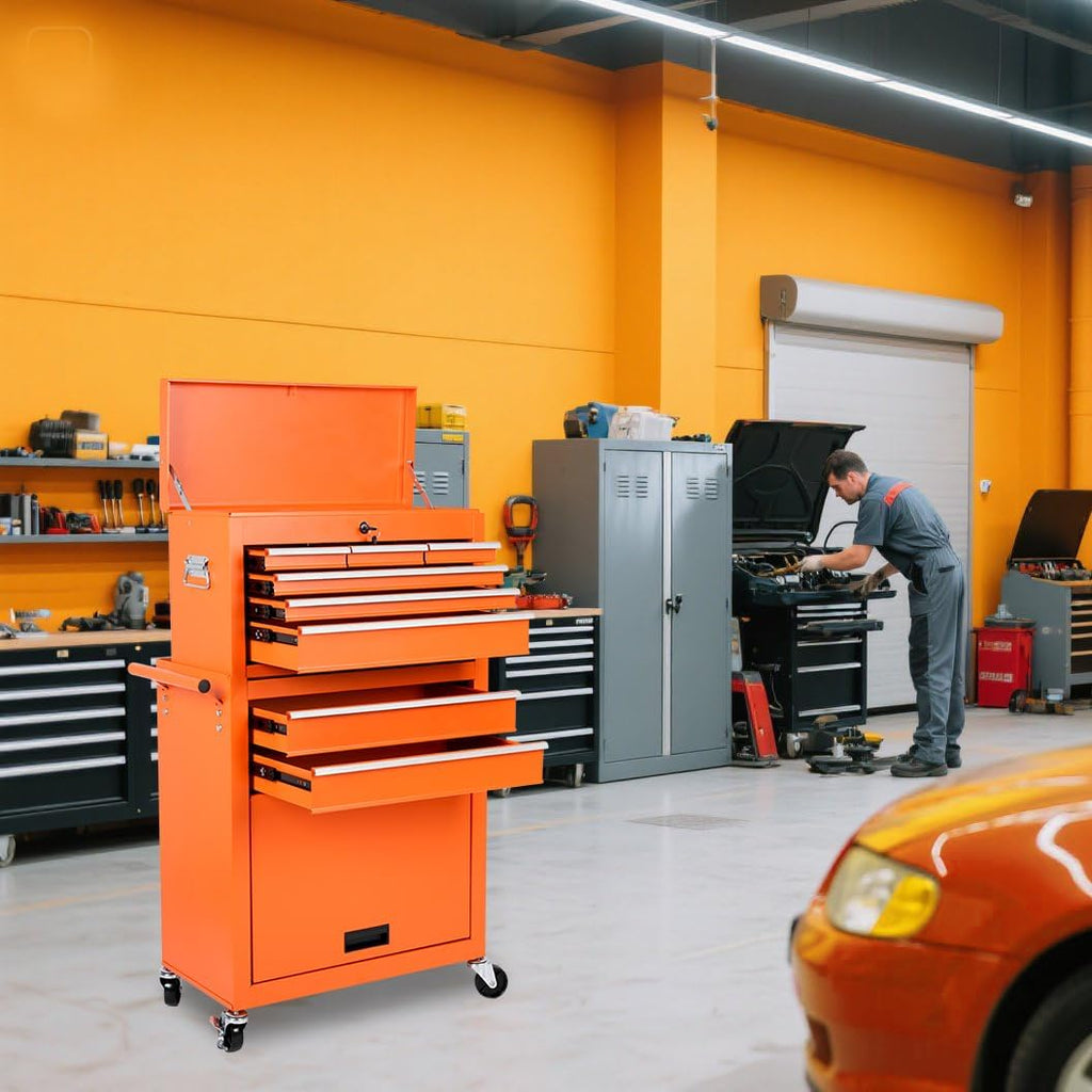 8 Drawers Tool Chest on Wheels with 1 Cabinet, Detachable Portable Top Box, Multifunctional Lock Rolling Tool Storage Case Organizer Set, Tool Cart with Side Hooks for Garage & Workshop