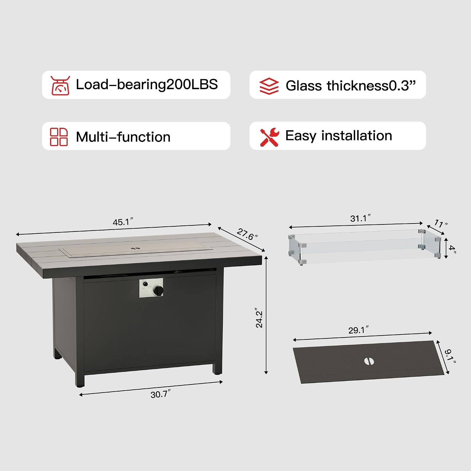 43' All Aluminum Outdoor Propane Gas Fire Pit Table with Rectangle Fire Pit Lid,55000 BTU Auto-Ignition Table Fire Pit w/Glass Wind Guard, Glass Rock for Outdoor,ETL Certified