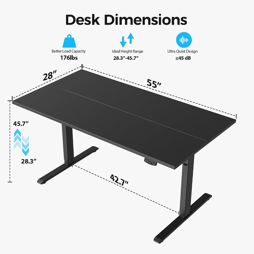 Agilestic Electric Standing Desk, 55 x 28 Inches Height Adjustable Desk, Sit Stand up for Work Office Home, Ergonomic Rising Computer Table with Memory Preset, Black