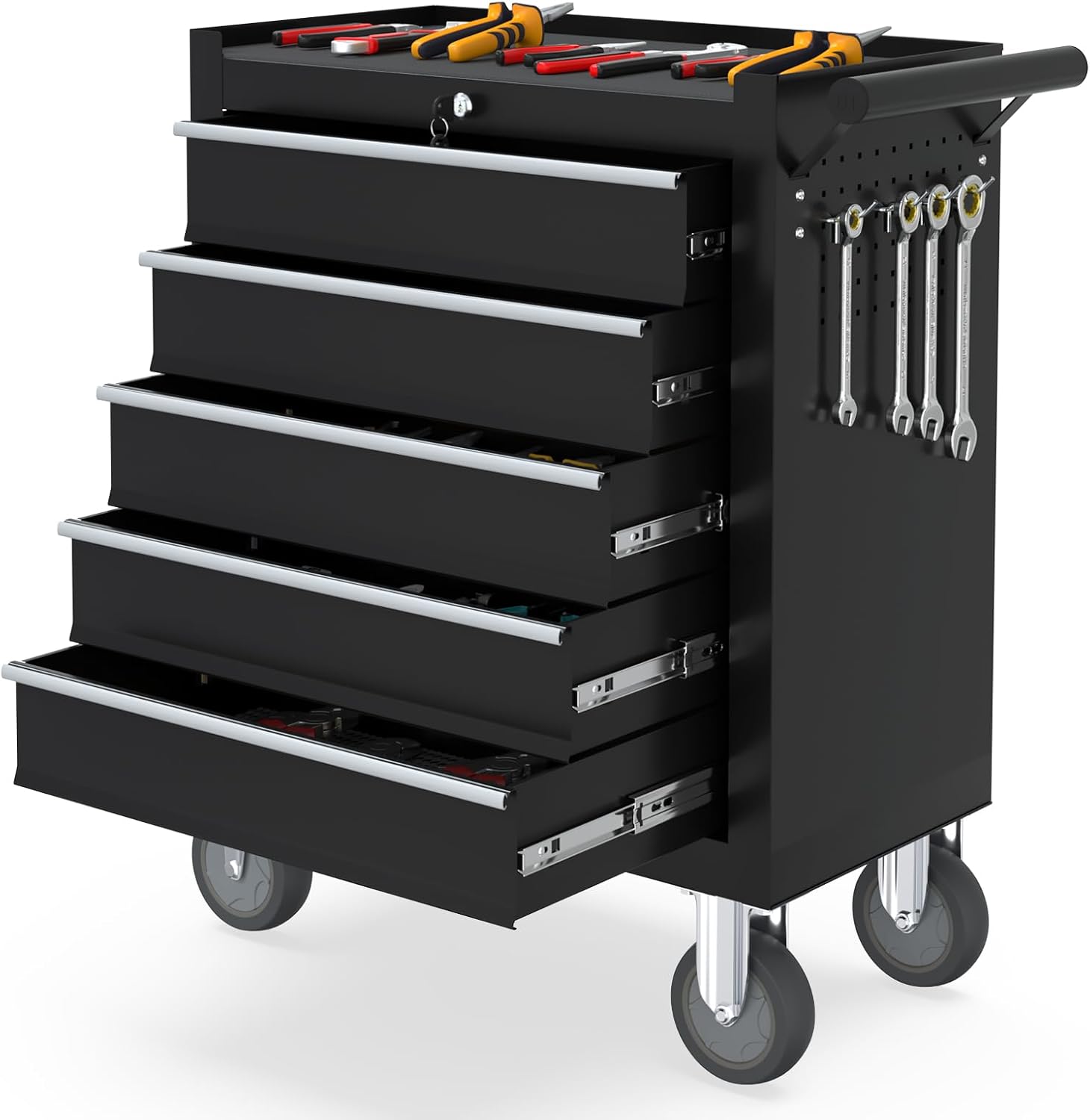 5 Drawers Metal Rolling Tool Chest, Portable Storage Tool Box with Wheels, Toolbox with Lock for Warehouse, Garage, Repair Shop and Tool Room