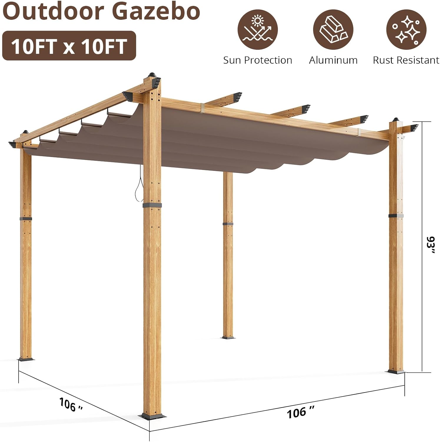 10x10 Ft Outdoor Retractable Pergola with Sun Shade Canopy, Heavy-Duty Aluminum Canopy Pergola Kits for Backyard, Faux Wood Grain Metal Patio Gazebo for Garden, Porch Beach, Grape Trellis - Khaki