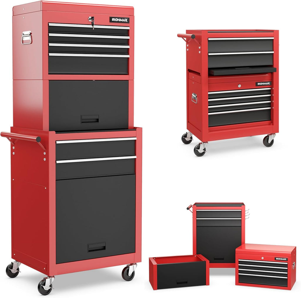 IRONMAX Tool Cabinet on Wheels, 6-Drawer Lockable Rolling Tool Chest w/ 4 Universal Wheels, 2 in 1 Detachable Tool Box Storage Organizer for Garage Workshop Repair Shop, Black & Red