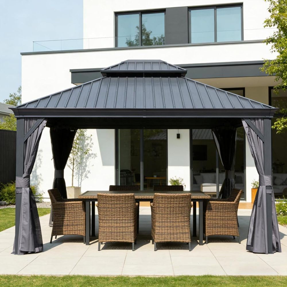 13x15FT Hardtop Gazebo with Netting & Curtains, Galvanized Steel Outdoor Gazebo, Water Resistant Double Roof with Drainage, Metal Patio Pergola for Backyard, Deck, Garden - Gray