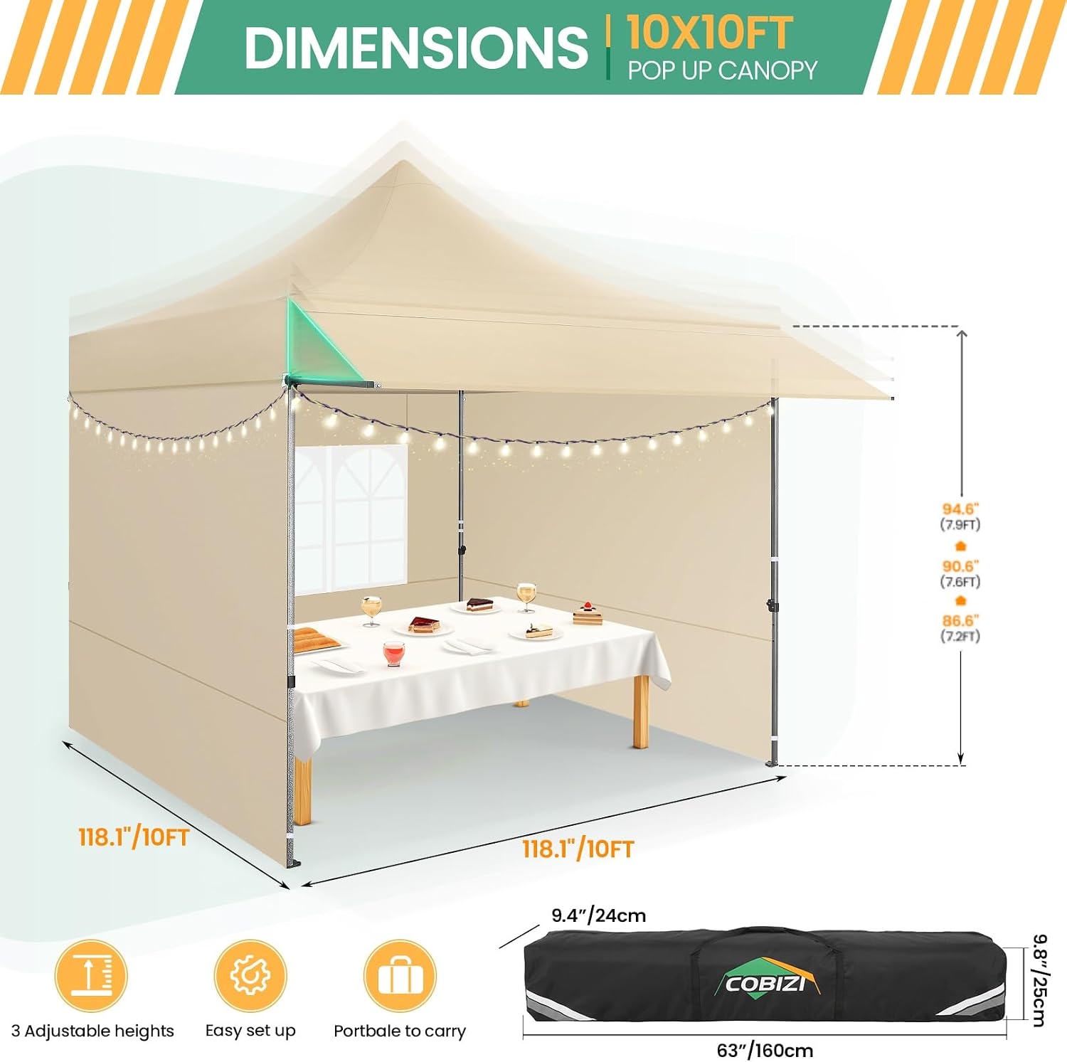 COBIZI 10x20 Pop up Heavy Duty Canopy Tent, Commercial Instant Canopies with Sturdy Awning, Outdoor Canopies for Market, Event, Khaki