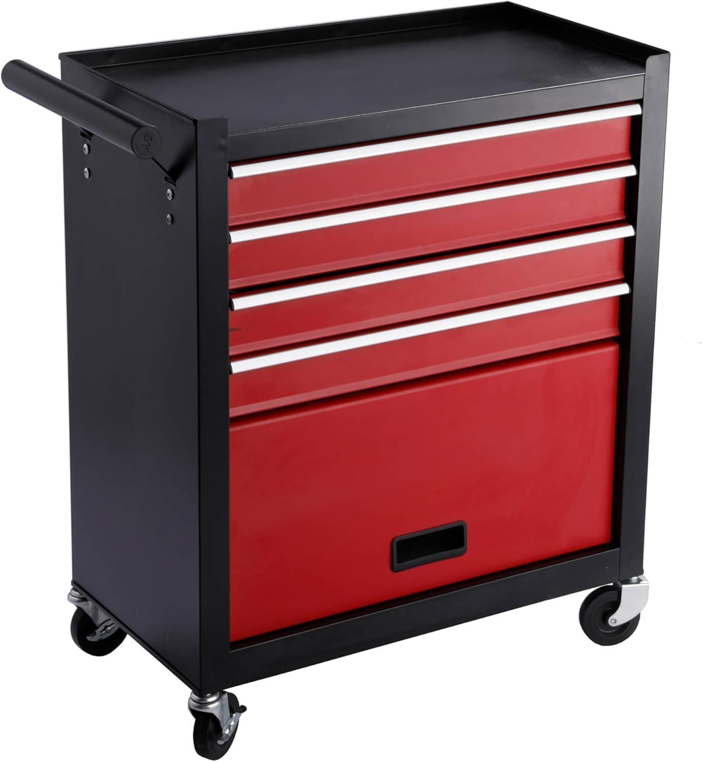 4 Drawers Metal Rolling Tool Chest on Wheels, Lockable Organizer ToolBox Tool Cart with 1 Cabinet, Multifunctional Large Capacity Trolley Tool Storage Case for Garages & Repair Shop (Black+Red)