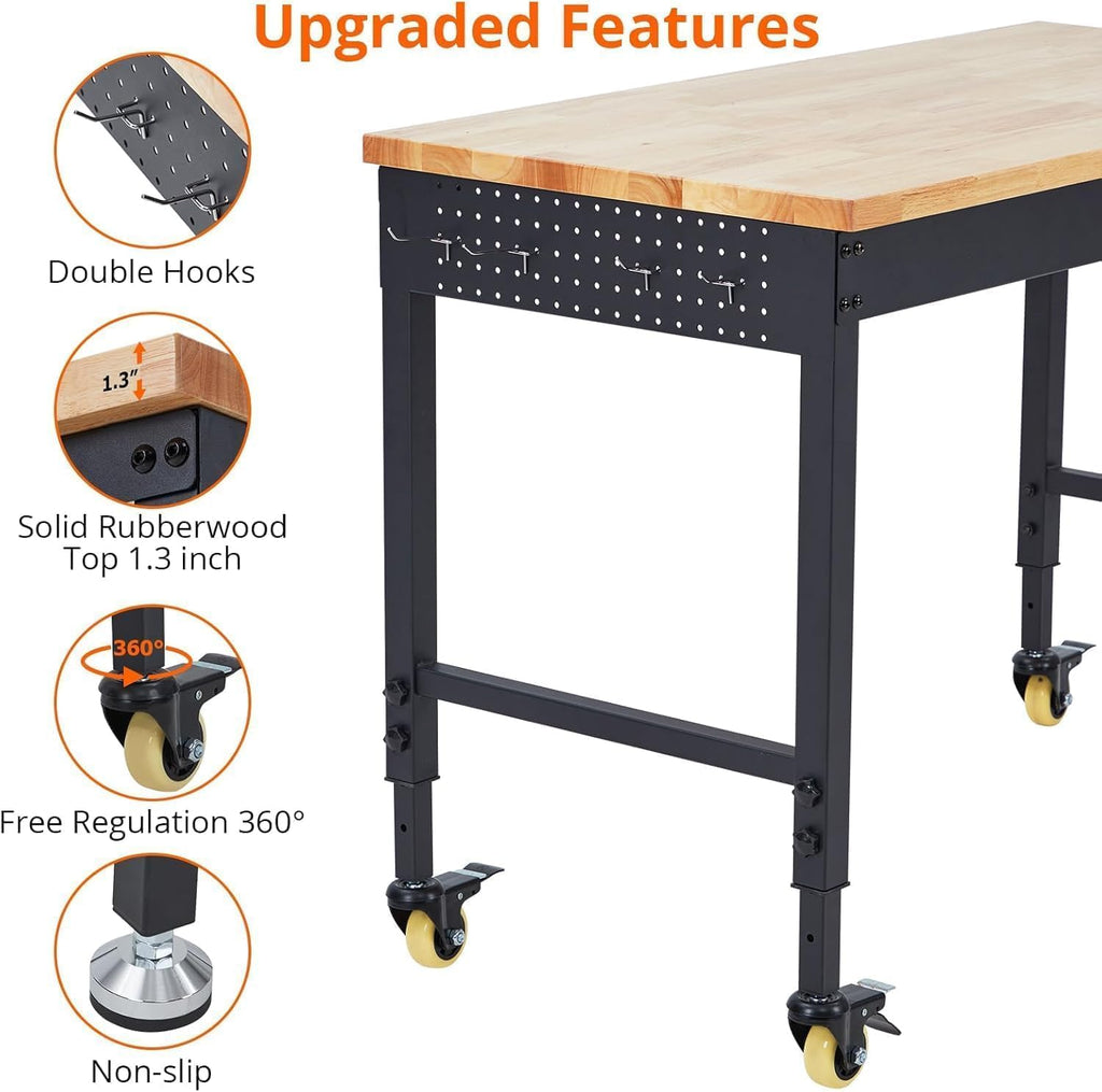 60' Adjustable Garage Workbench with Wheels, 2000LB Capacity, Hardwood Top, Power Outlets, Heavy Duty Work Table for Workshop, Home Office, Tools