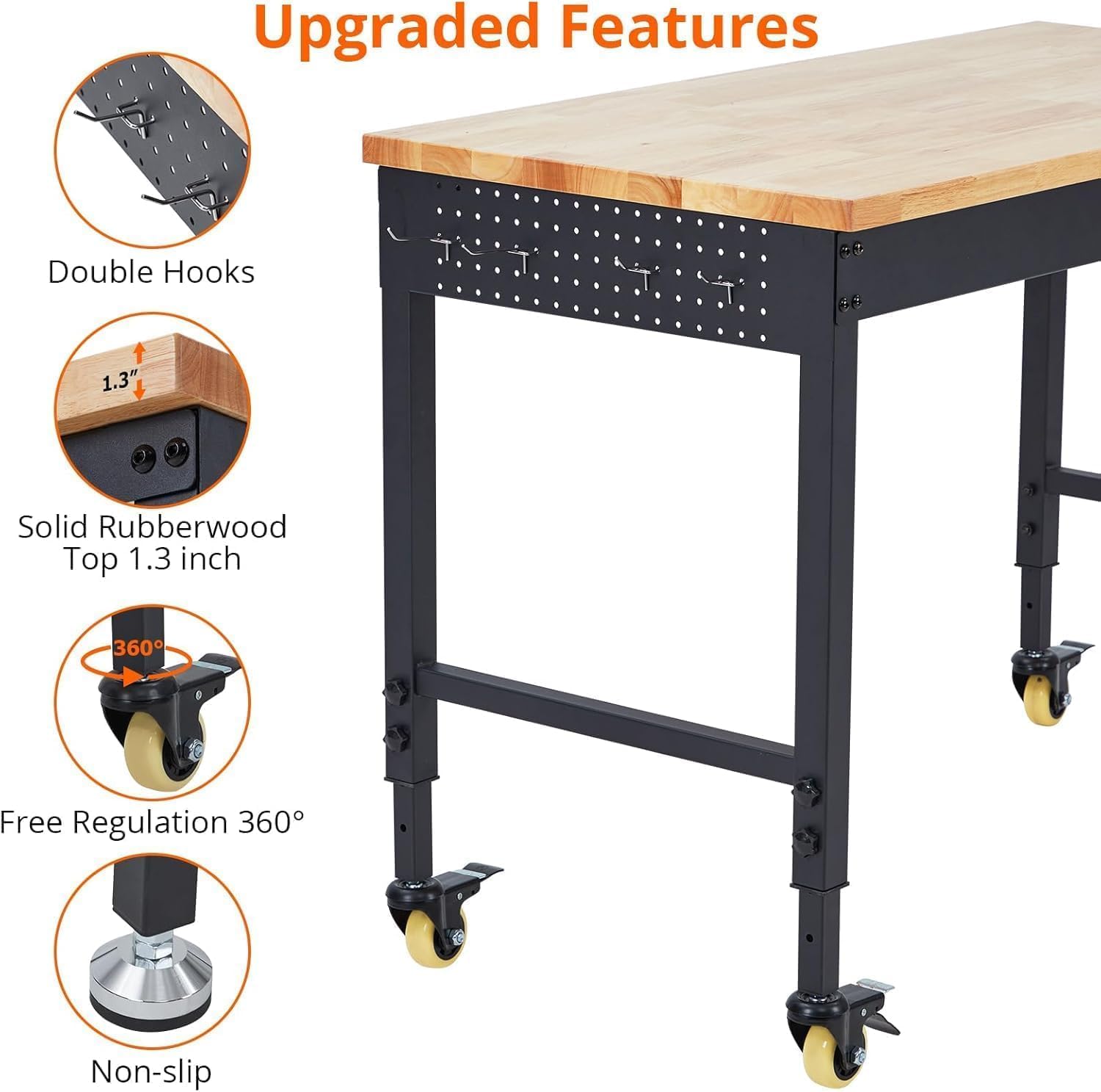 60' Adjustable Garage Workbench with Wheels, 2000LB Capacity, Hardwood Top, Power Outlets, Heavy Duty Work Table for Workshop, Home Office, Tools