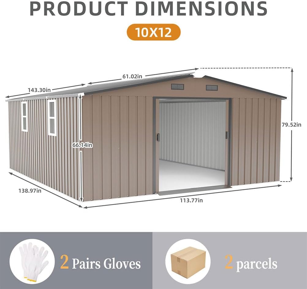 10x12 FT Outdoor Storage Shed, Extra Large Metal Garden Shed with Lockable Doors, Windows & Air Vents, Heavy-Duty Steel Backyard Utility Shed for Tools, Lawn Equipment, Motorcycles, Bikes, Patio,Brown