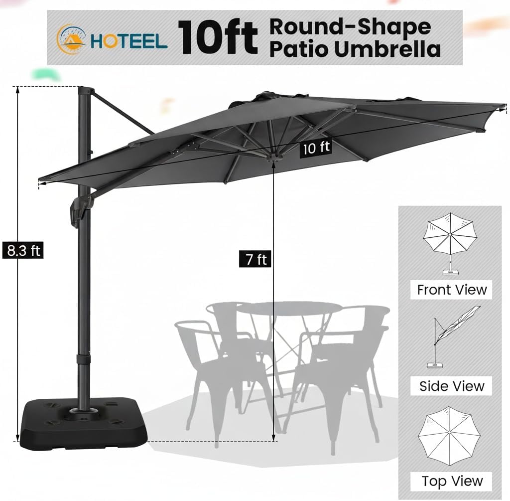 Hoteel 10ft Patio Umbrella Heavy Duty Aluminum Windproof & Shade Provision Outdoor Cantilever Round Offset Large Umbrella Height Adjustable with 360°Rotation for Patio Pool Deck Gazebo, Gray