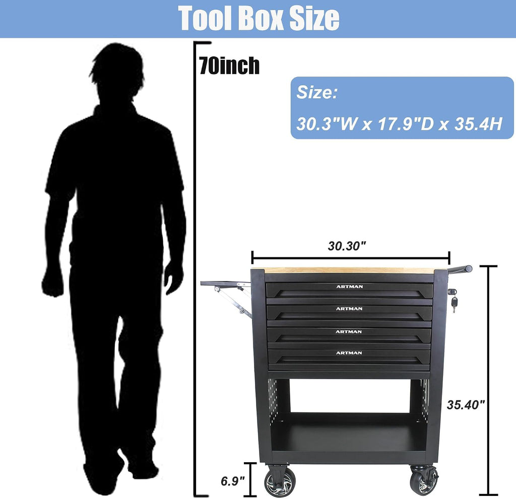 4 Drawers Tool Chest on Wheels,Tool Storage Cart with Wooden Top,Drawers Rolling Tool Box Organizer Tool Case with Lock for Garage,Warehouse,Workshop,Repair Shop (4 Drawers-35.4' H-Black)