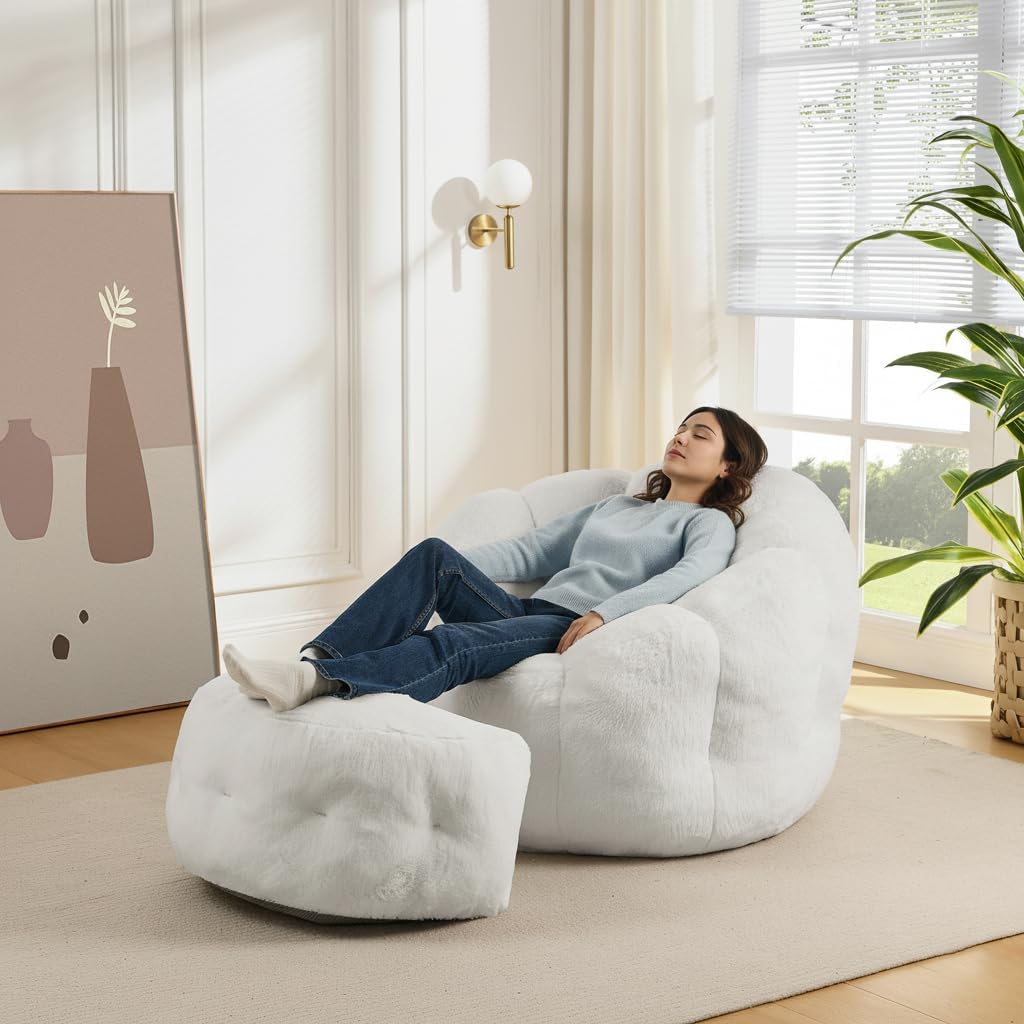 Bean Bag Chair with Ottoman, Flower Shape Bean Bag Chairs for Adults and Teens, Comfy Plush Faux Fur Bean Bags for Living Room, Bedroom, Apartment, Dorm, White