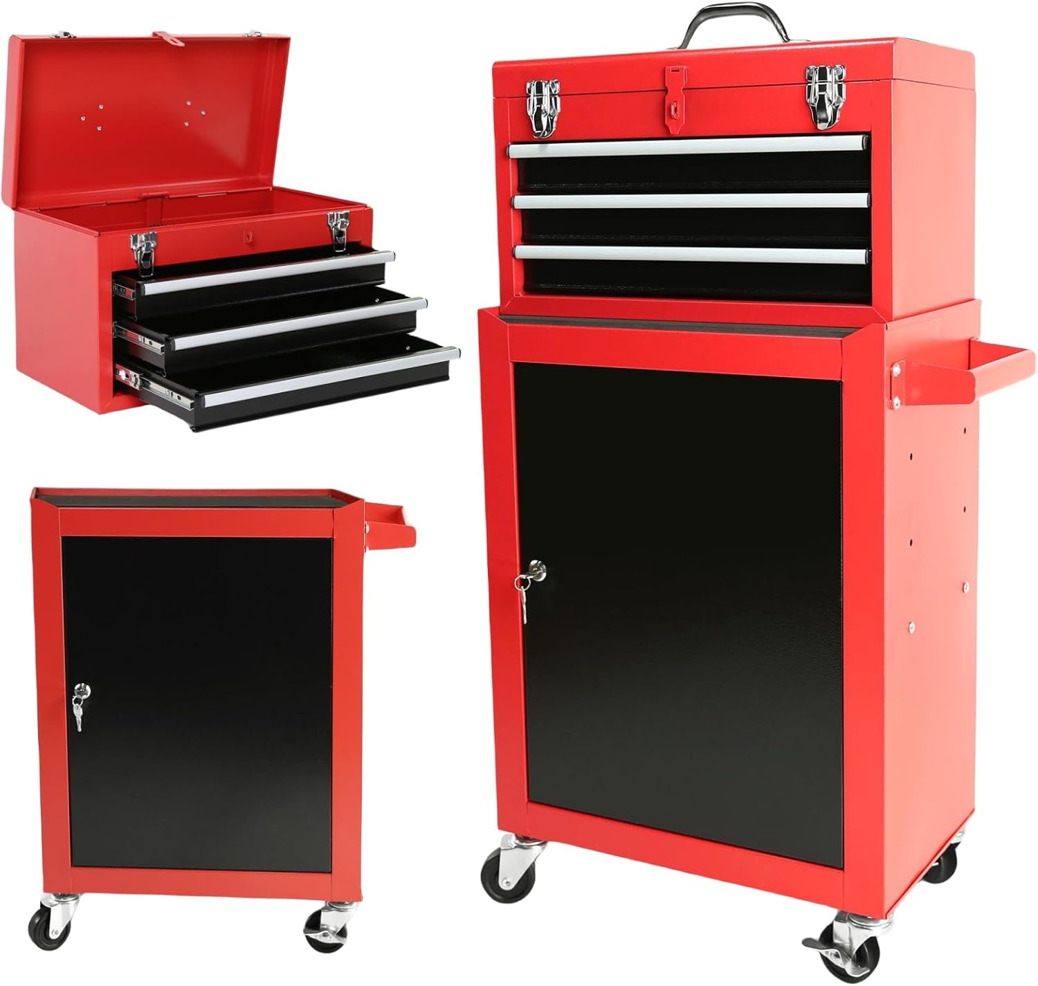 Tool Cart Rolling Garage Workshop Tool Detachable 3 Drawer Rolling Tool Chest with Large Storage Cabinet and Adjustable Shelf Red