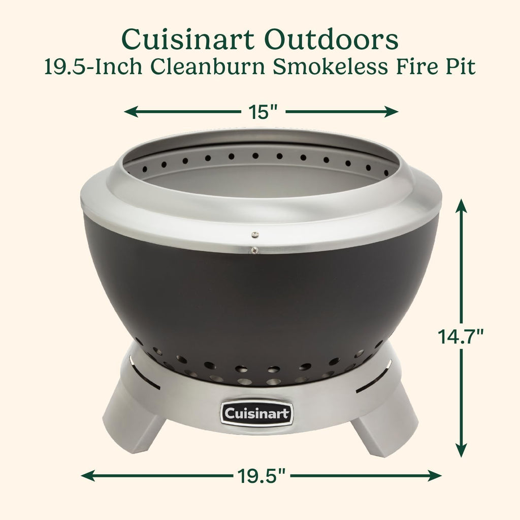 Cuisinart 19.5' Cleanburn Smokeless Fire Pit with Removable Base for Ash, Portable Wood Burning Outdoor Fireplace, Stainless Steel Smoke Free Outdoor Heater, Enhanced Airflow and Easy Cleanup