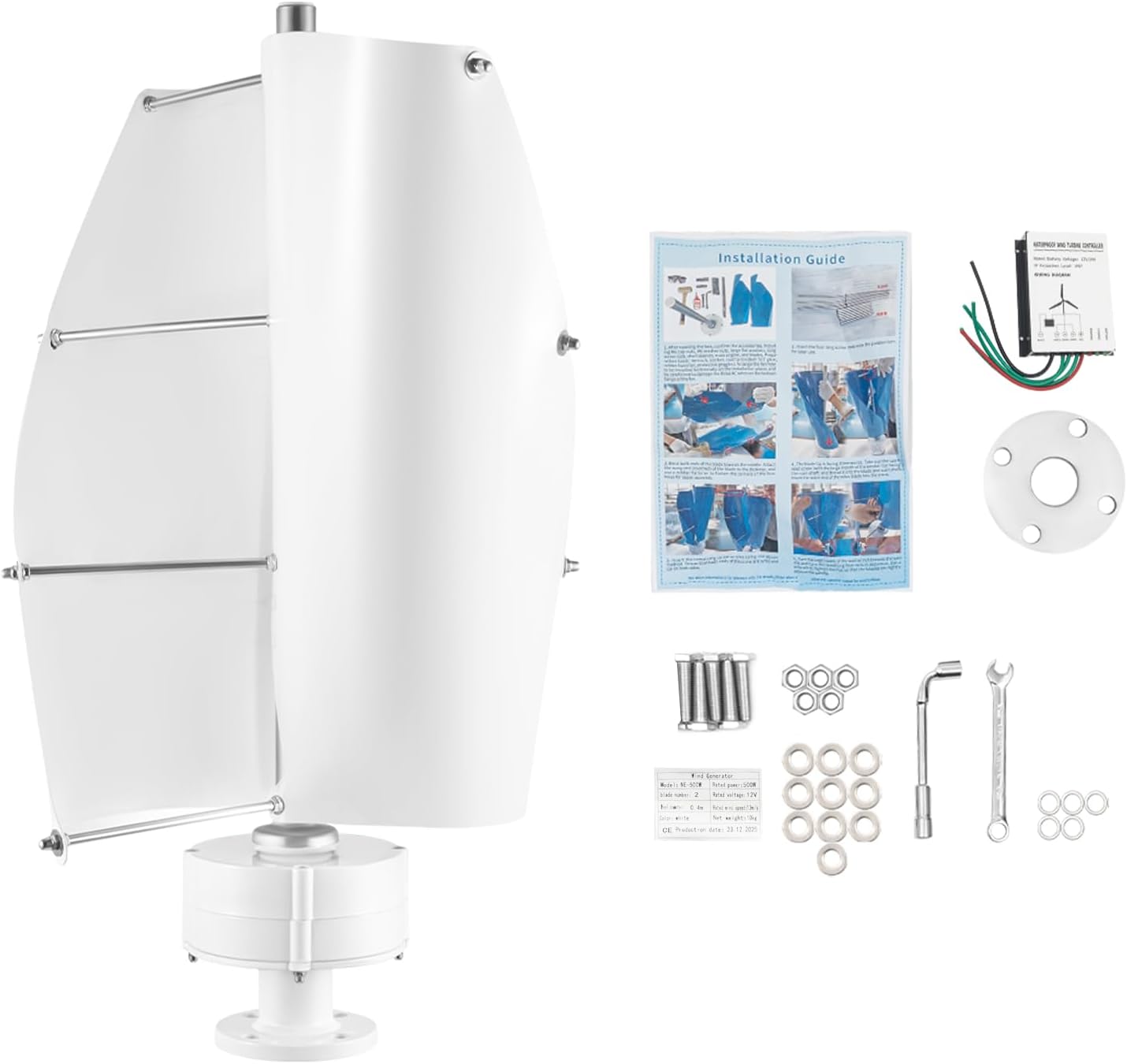 Wind Turbine Generators Kit,500W Vertical Axis Generator for Hybrid Solar Wind System,2 Blades Permanent Magnet Generator Wind Turbine Kit with Controller (White)