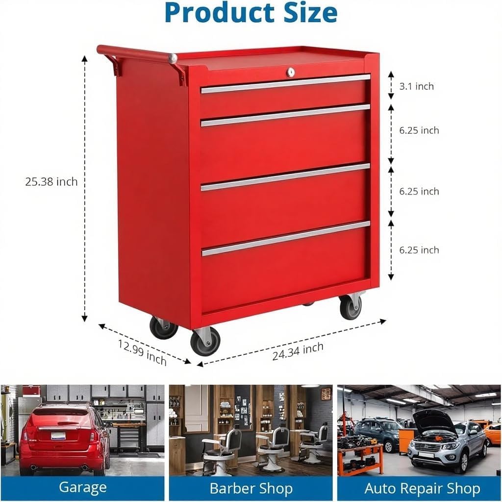 Tool Chest with Wheels, 4 Drawer Rolling Tool Storage Cabinet Cart, Portable Toolbox Organizer with Locking System, Drawer Liners for Garage, Workshop, Shop, Mechanic, Red